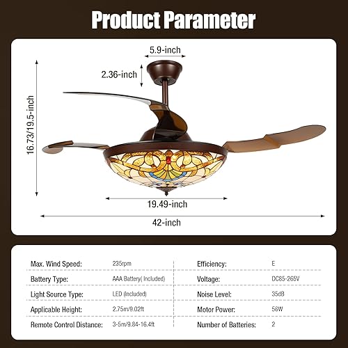 Miniatura 6 de Ventilador de techo invisible de 42 pulgadas, ventilador de techo retro con vitrales, ventilador de techo retráctil con luces y control remoto,