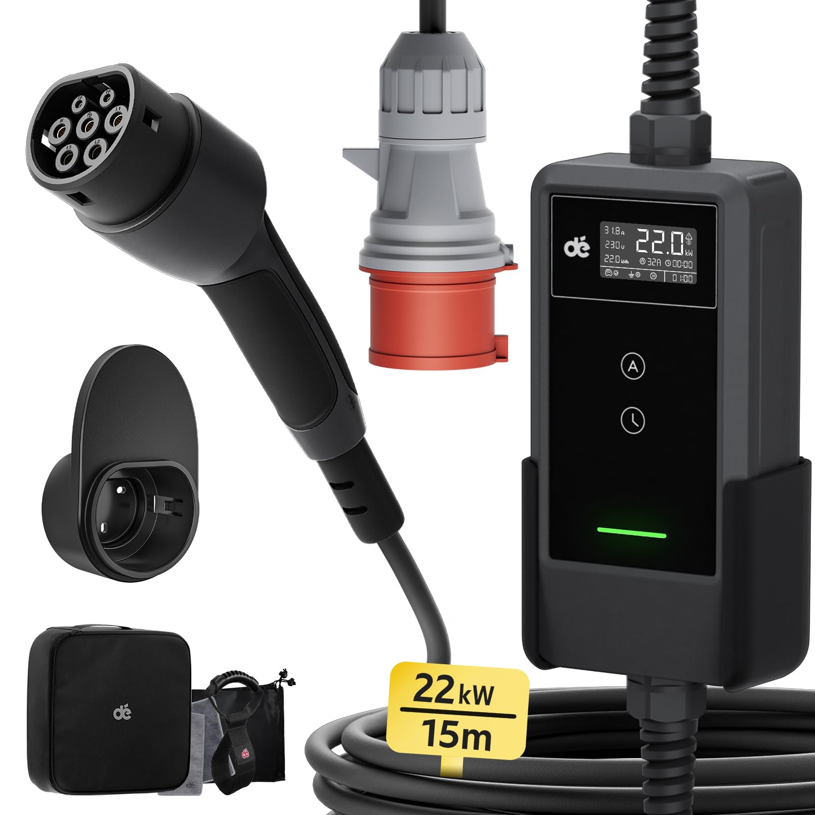 dé Ładowarka Mobilna 22kW, z Aplikacją [3-Fazowa, 15m, 6-32A] z Licznikiem Prądu, Kablem do Ładowania CEE 32A na Typu 2 i Ładowarką EV do modeli Y, E-208, 500e i innych EV/PHEV
