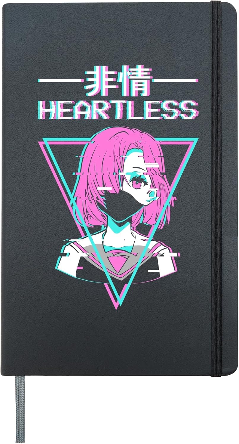 Sad Anime Girl Japanese Vaporwave Aesthetic Heartless Hardcover Journal, Black