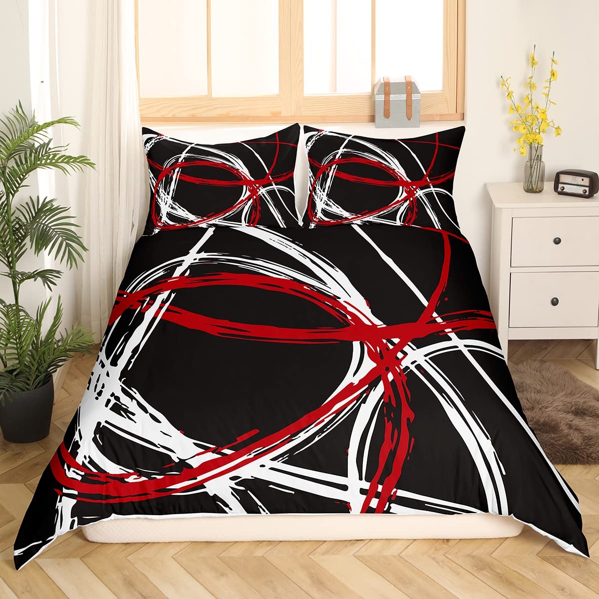 Loussiesd Red and Gray Black White Bedding Duvet Cover Set Kids Modern Abstract Geometric Bedding Set Women Men Trippy Swirl Decor Comforter Cover Set Microfiber Stripe Line Bedroom Double Size - Image 2