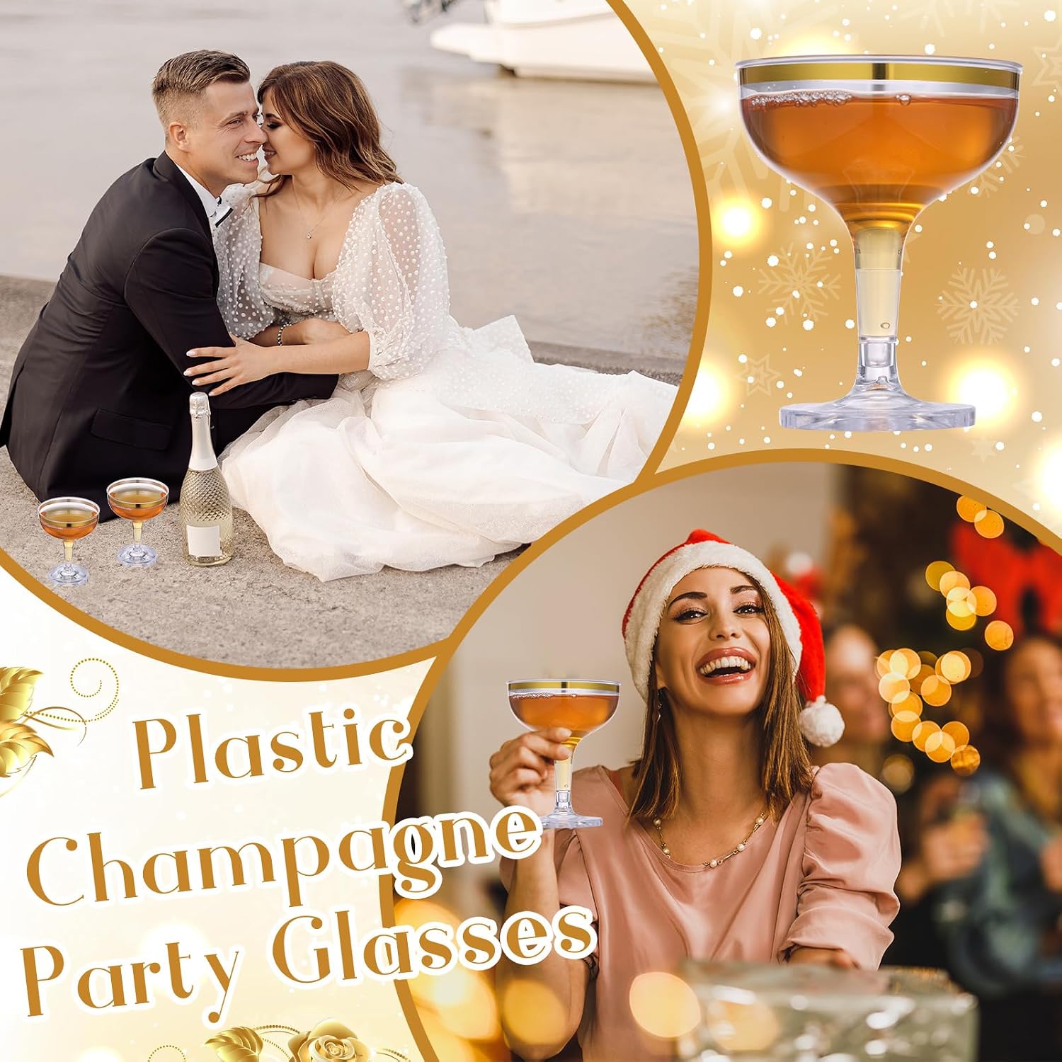 48 Pcs Champagne Tower Glasses Set, 5 oz Plastic Champagne Coupe Glasses With Gold Rim, Stackable & Shatterproof Disposable Stem Margarita for Wedding Birthday Party Bar (Clear, Gold Rim)