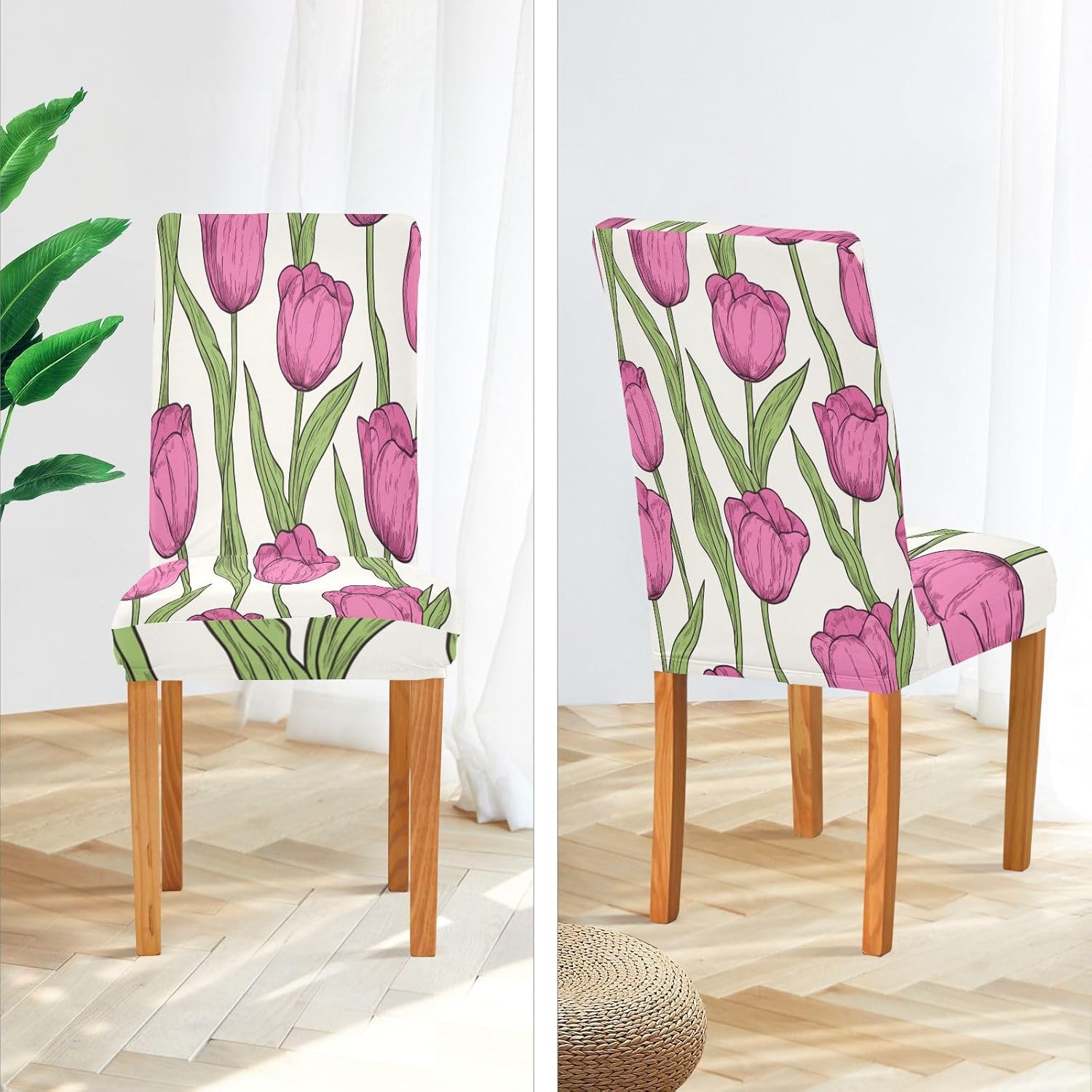 ALAZA Chair Covers for Dining Room, Cute Doodle Romantic Pink Tulips Flower Stretch Chair Cover Sets Chair Protector Removable Washable for Ktichen Restaurant Hotel