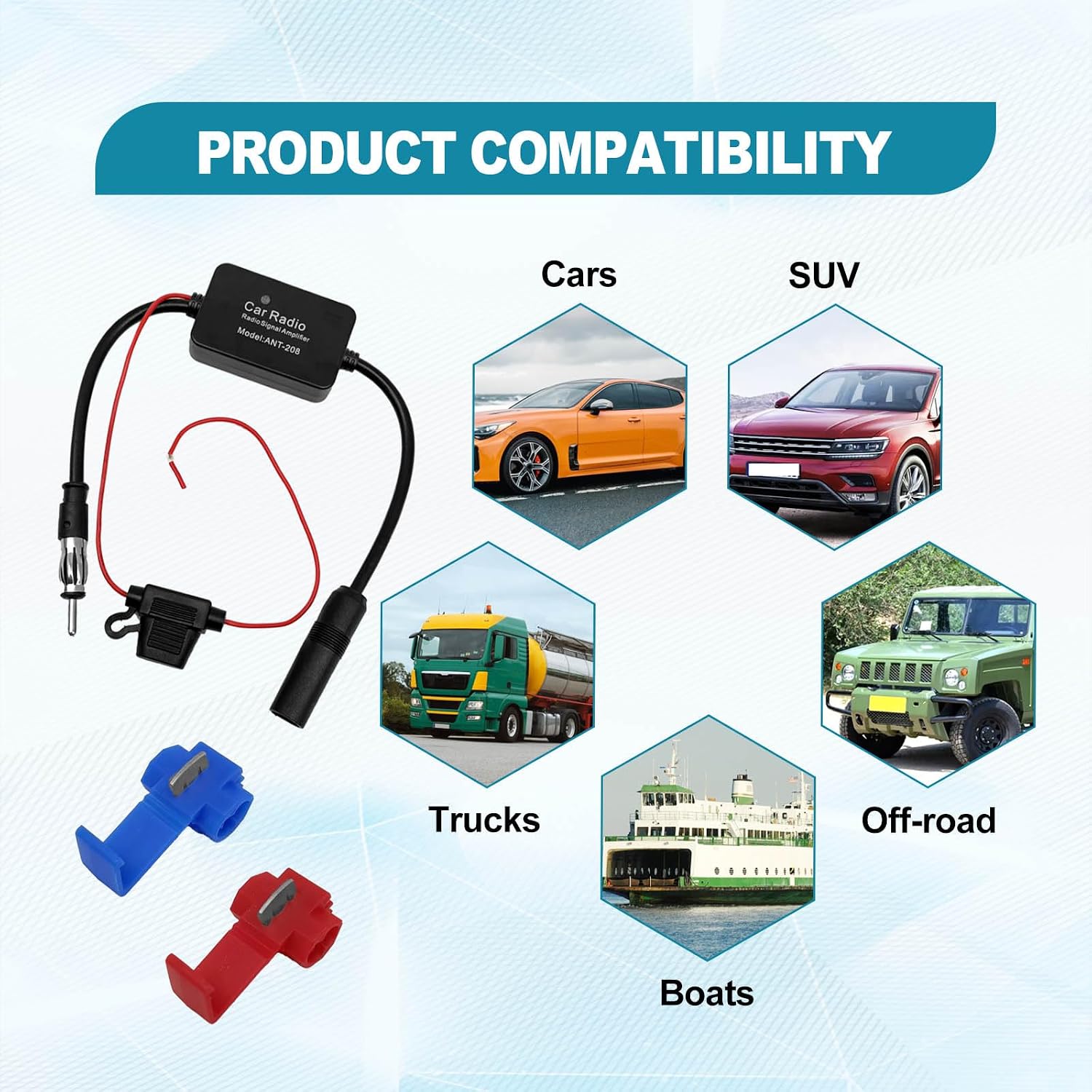 12V Car Antenna Booster 25 db Antenna Signal Reception Amplifier, Amplify Signal & Reduce Noise AM FM for Car Stereo, Audio, Radio, Media, Head Unit Receiver