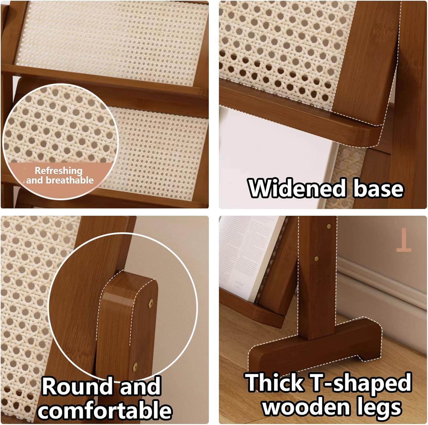 3-Tier Book Rack with Wood Frame, Space-Saving Rattan Magazine Holder - Multi-Purpose Floor Display Stand for Home, Office,Classroom Use(Multi-colored,39.4x35.8x8.9in)