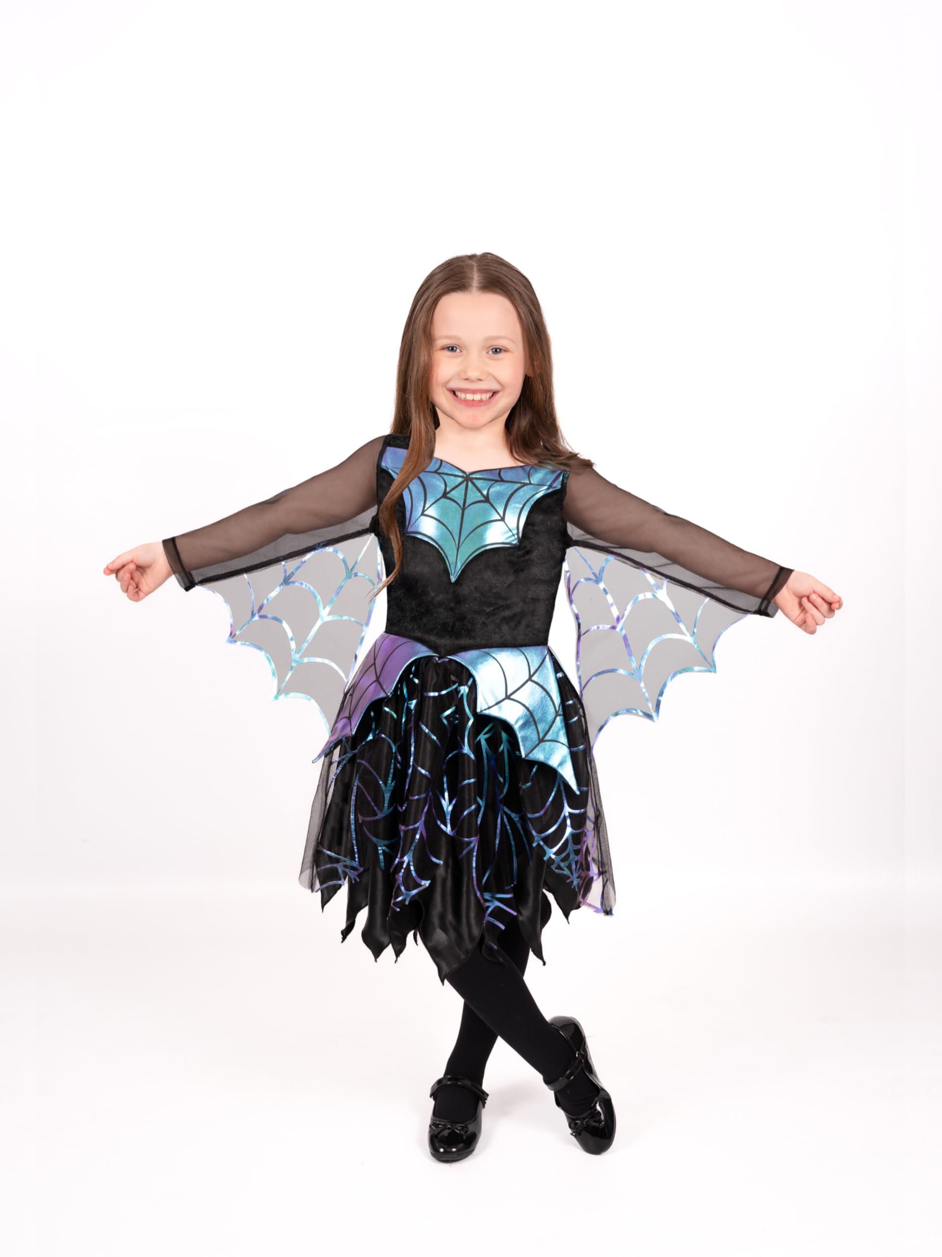 Blues Group Sparkling Iridescent Spider Girl Halloween Costume for Girls - Dress with Web Wings - 4-6 Years - Image 3