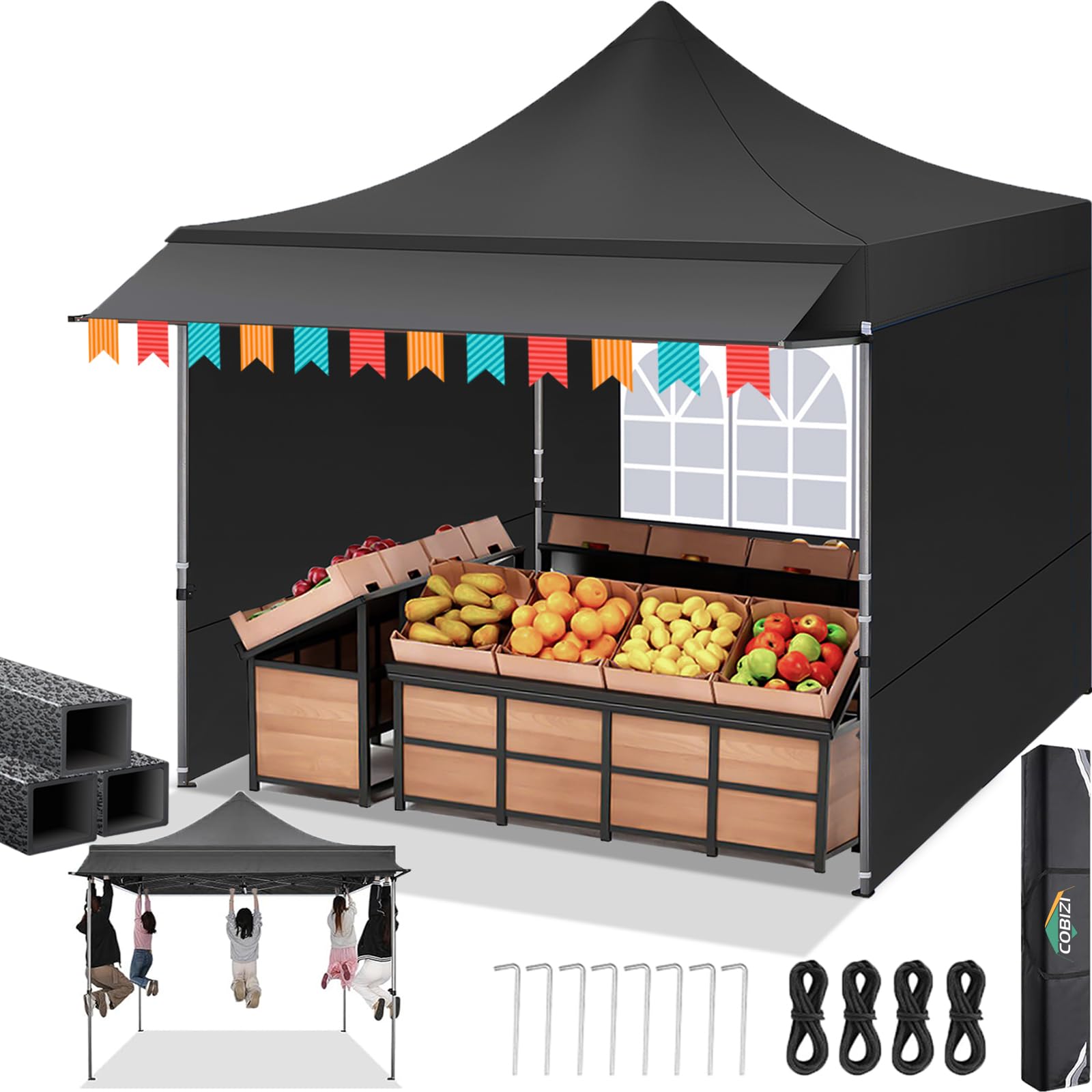 COBIZI 3x3m Tonnelle de Jardin Pliable, Tonnelle Pliable avec Auvent Extensible, Hauteur Réglable, Protection UV 50+, Convient pour Les Fêtes, L'extérieur, Le Commerce, Le Camping (Noir)