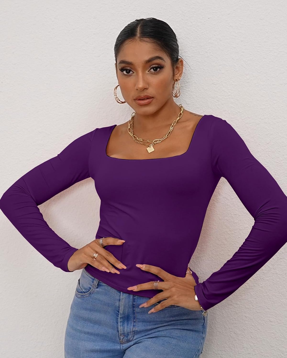 Dwnval Long Sleeve Shirts for Women - Basic Slim Fit Double Lined Square Neck Crop T Shirt - Image 3