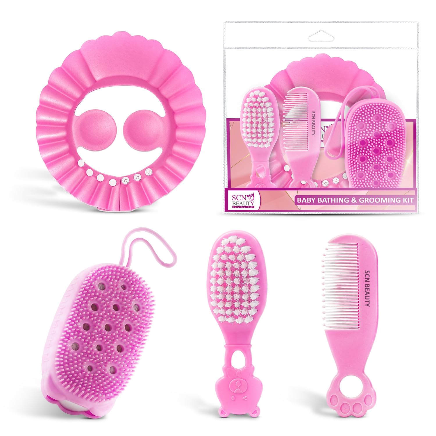 Baby Grooming & Bath Kit | 4Pcs Set – Soft Brush, Comb, Bathing Cap & Sponge | Newborn to 5 Years | Baby Bath Essentials for Boys & Girls | Travel Pouch Included (Color May Vary)-picture-27
