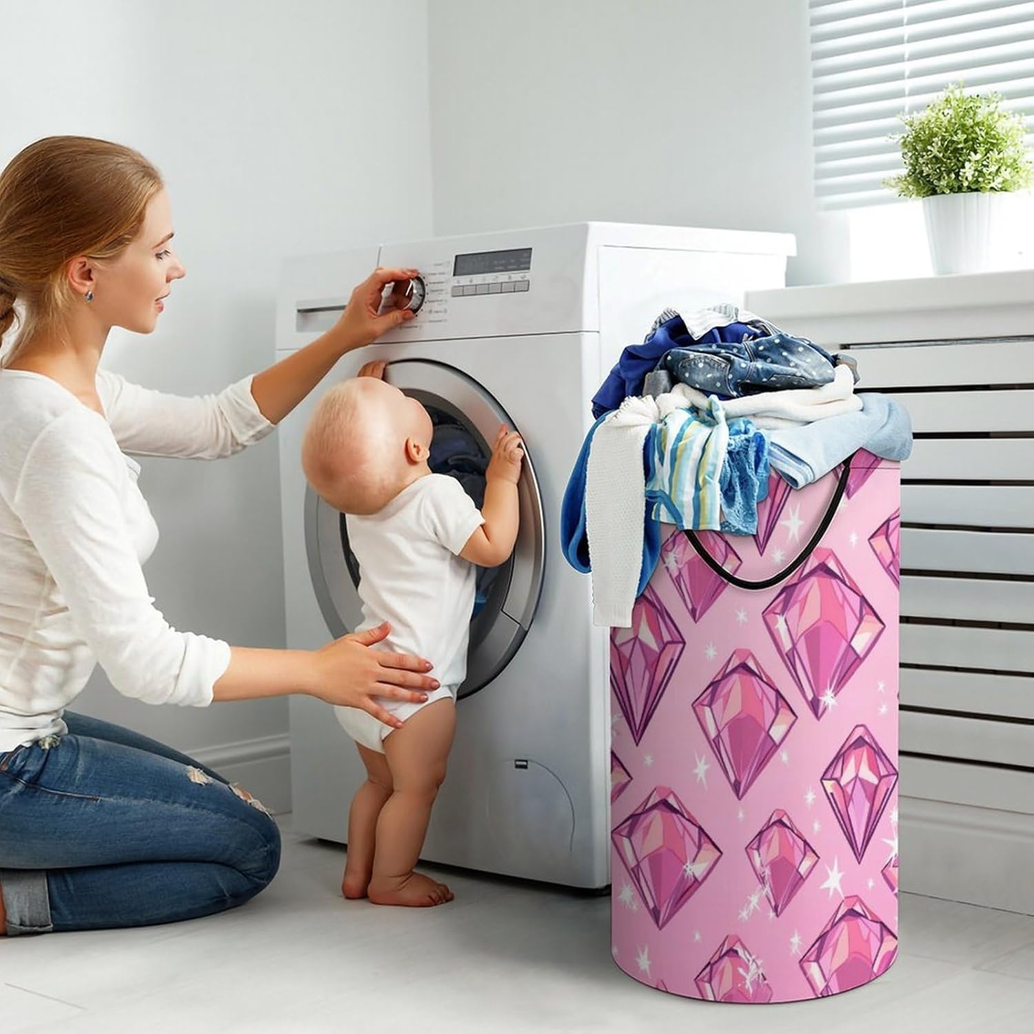 Diamond Pattern Laundry Basket Freestanding Laundry Hamper with Handles Waterproof Dirty Clothes Hamper Collapsible Washing Bin Aesthetic Clothes Basket for Bathroom Bedroom Dorm