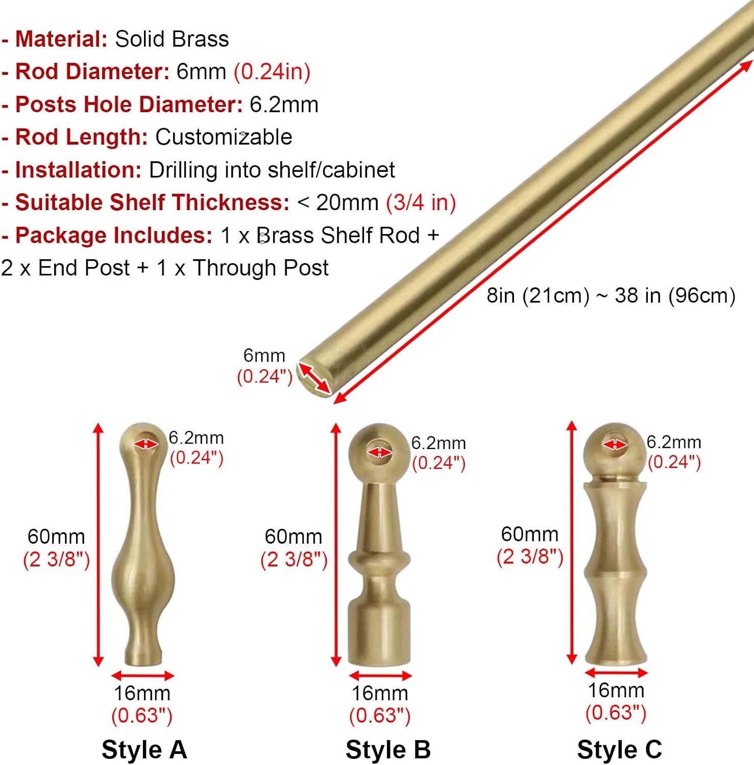 Vibeo Decorative Brass Guard Railing for Shelves, Solid Brass Gold Gallery Rail Bar, Shelf Tipping Rails for Kitchen, Closet, Bookshelf, Wine Cabinets(Style B,36in/91cm)