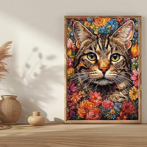 Miniatura 2 de KICHANG Kit de pintura de diamantes de gato de flores, kits de pintura de diamante 5D para adultos, pintura de diamantes de bricolaje para