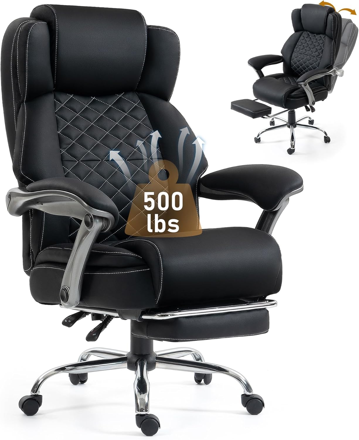 DYHOME 500 lbs Office Chair with Foot Rest, Ergonomic Reclining Big and Tall Office Desk Chair with Lumbar Support & Pocket Spring Cushion, High Back Computer Chair, PU, Thicker Seat Cushion (Black)