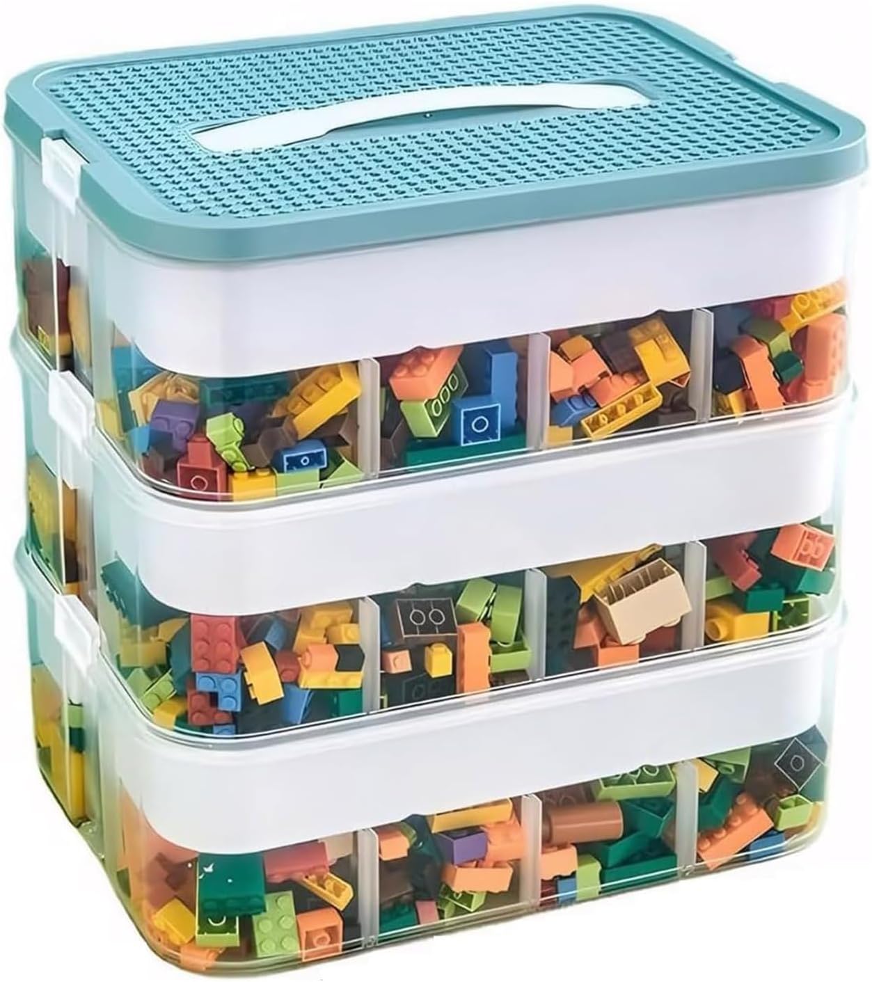 – WinHUb 3-Tier Stackable Storage Boxes for Lego with Lids & Adjustable Compartments, Large Clear Plastic Toy Organizer with Building Baseplate, Portable Boxes for Lego Organizer