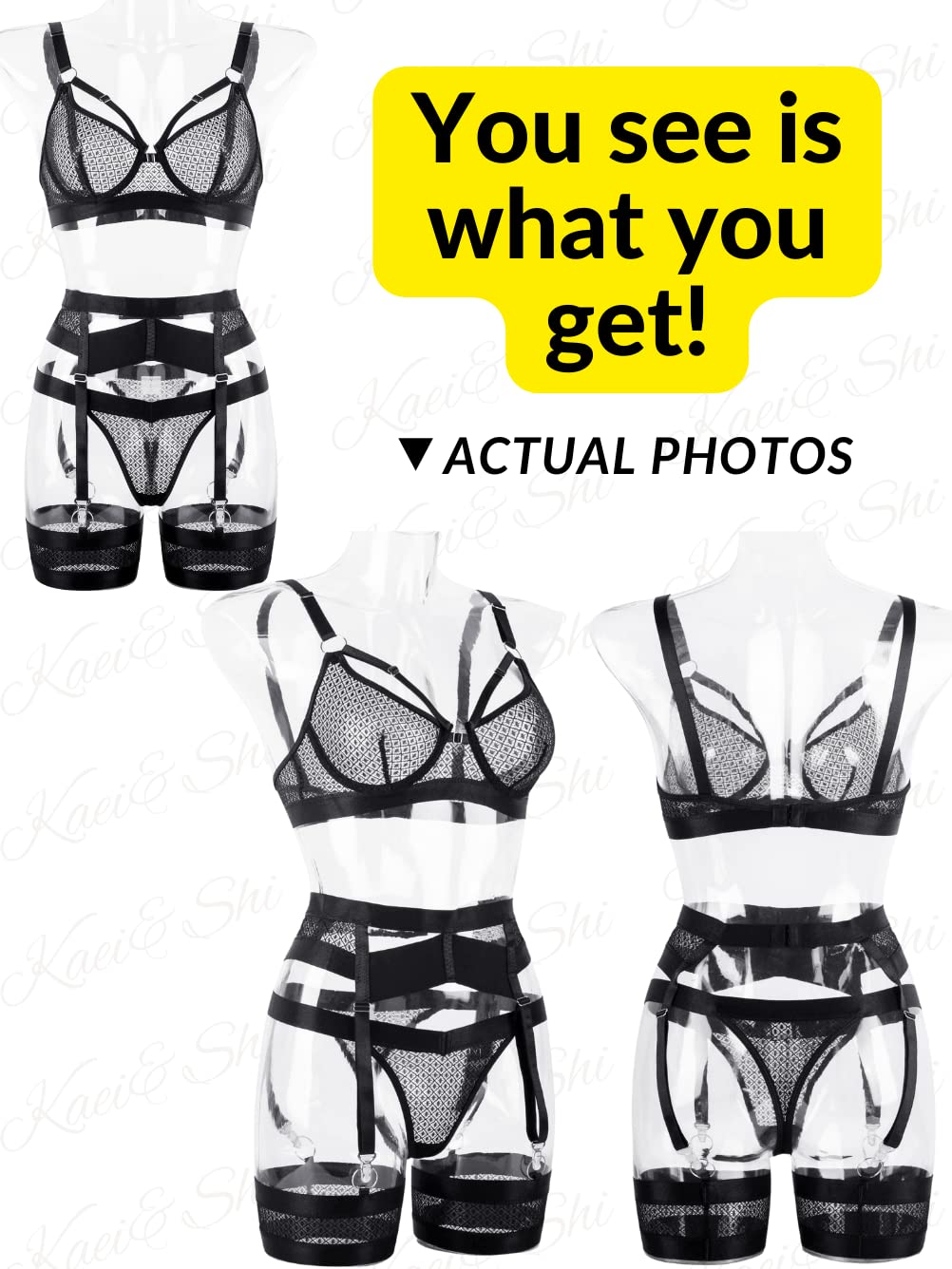 Garter Lingerie for Women,Sexy Lace Lingerie,Sheer Matching 4 Piece Lingerie Set: 14 Black Fishnet