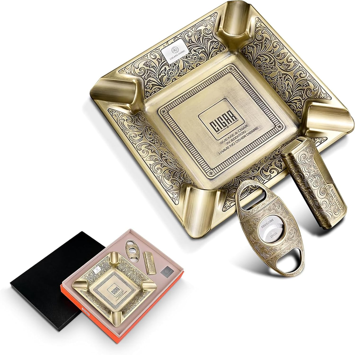 CIGARLOONG Cigar Ashtray Set 3 Piece Classic Carved with Sharp Cigar Cutter and Windproof Lighter Gift Set(Color:Gold1)