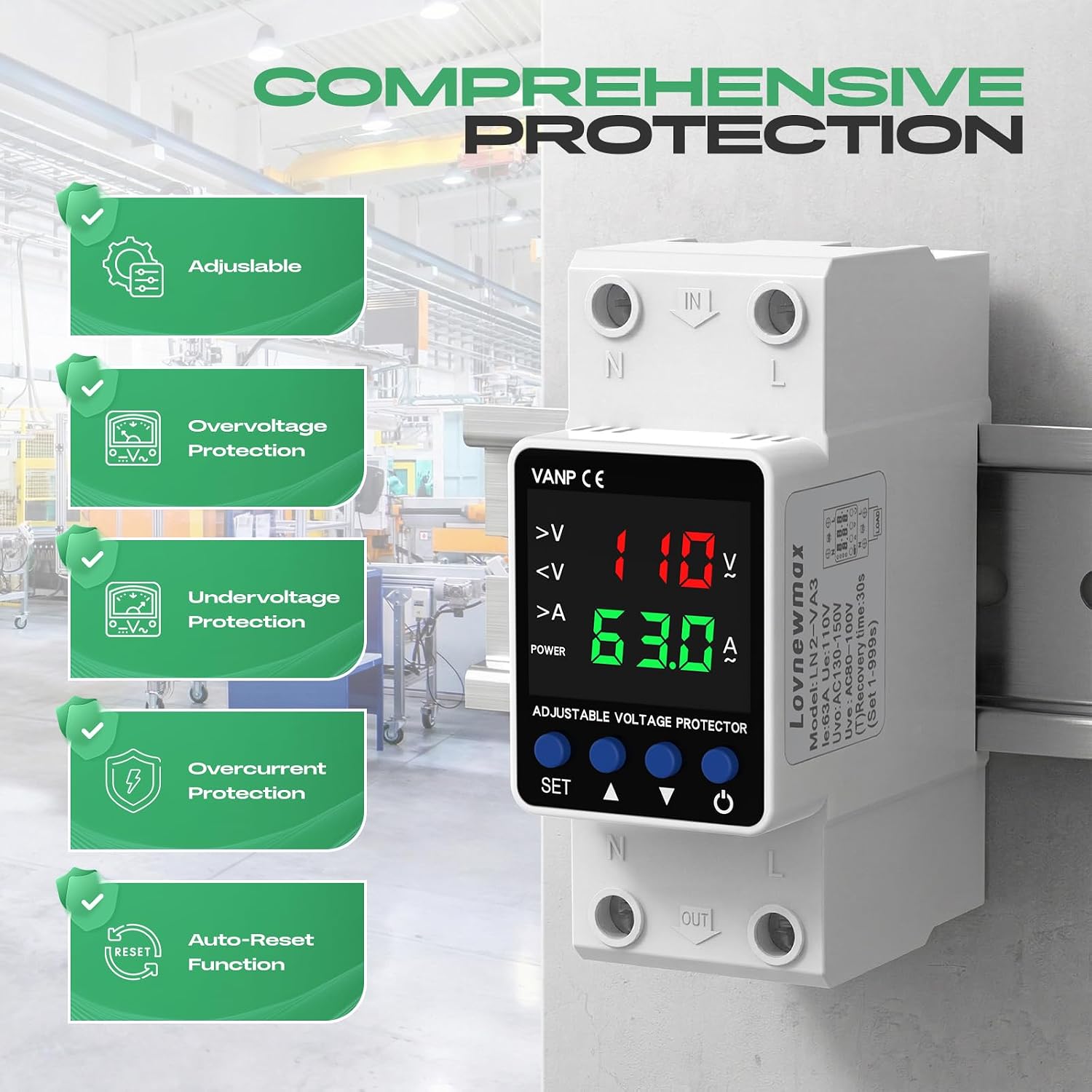 Over Under Voltage Protector 110V 220V Adjustable 1-63A, Smart Circuit Breaker with Overcurrent Protection, 80-210V Low Voltage 130-300V High Voltage Cutoff, DIN Rail AC Disconnect
