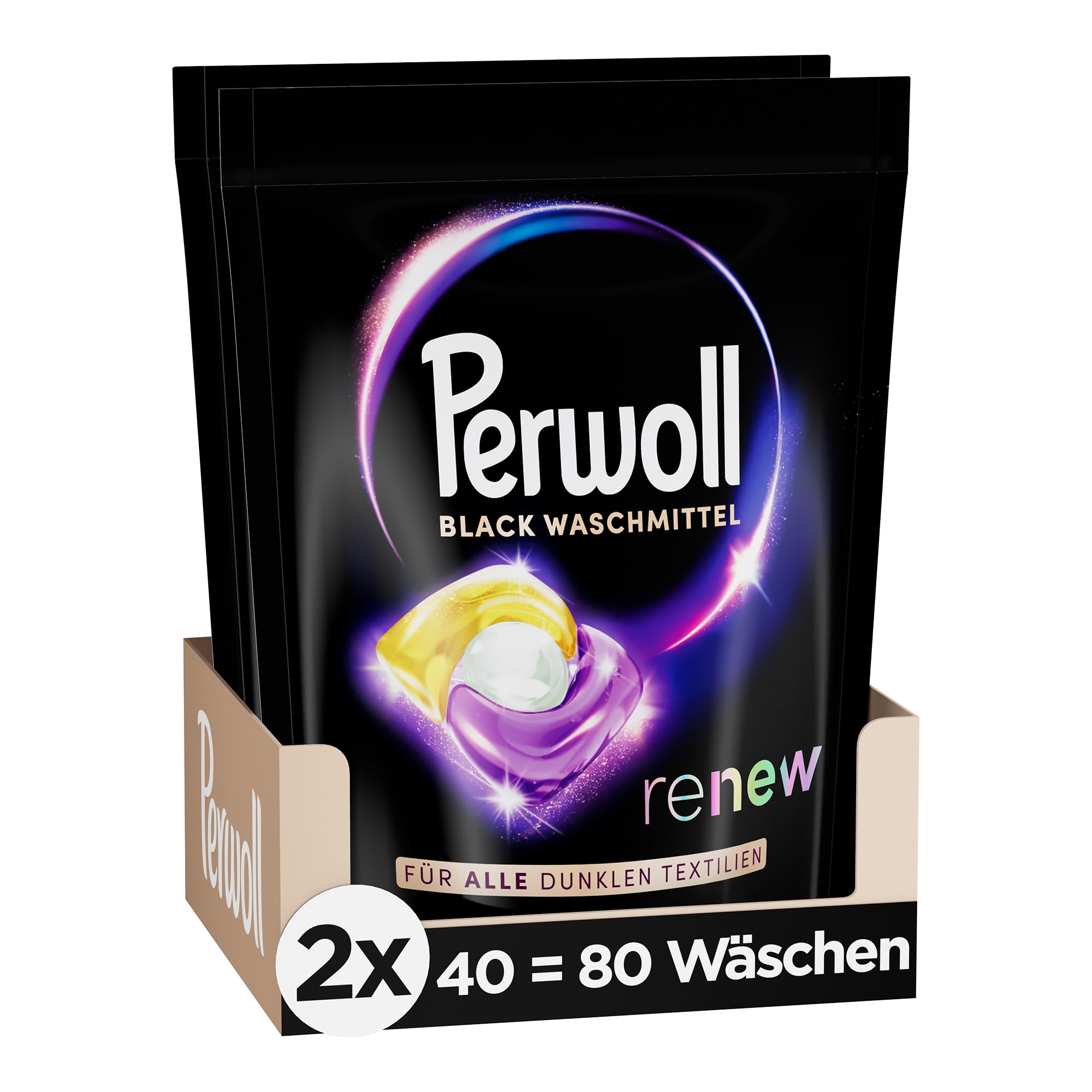 Perwoll Renew Caps Black Detergente 80 (2 x 40 lavados), todo en 1 Detergente Caps limpia suavemente y renueva colores y fibras, para todos los tejidos oscuros, con tecnología Triple Renov