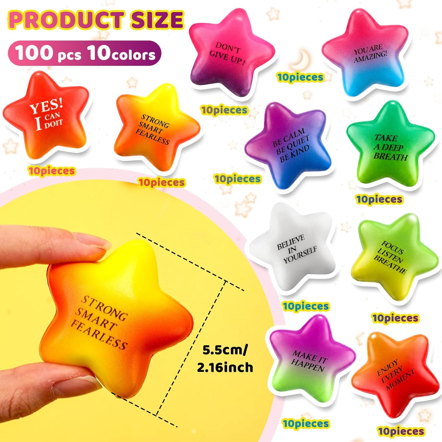 Sotiff 100 Pack Star Stress Balls Bulk for Adults Kids Stress Relief Balls with Motivational Quotes Mini Inspirational Foam Squeeze Gifts Party Favors Toys for Anger Fidget Relief(Rainbow Gradient)
