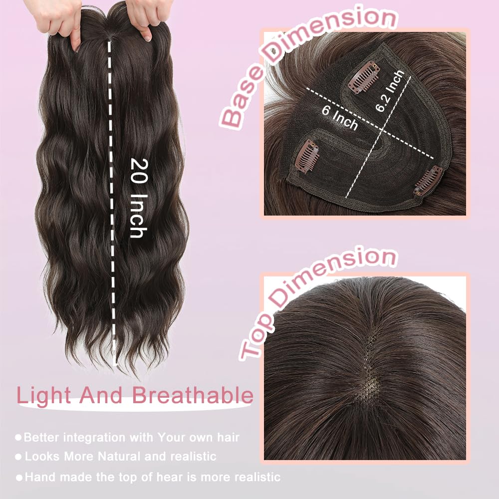 Hair Toppers for Women, 20 Inch Hand Tied Breathable Toppers Hair Pieces for Women with Thinning Crown Part Clip in Bangs Mix Human Hair Curly Lightweight Wiglets (Dark Chestnu Brown Wsipy, Bangs)