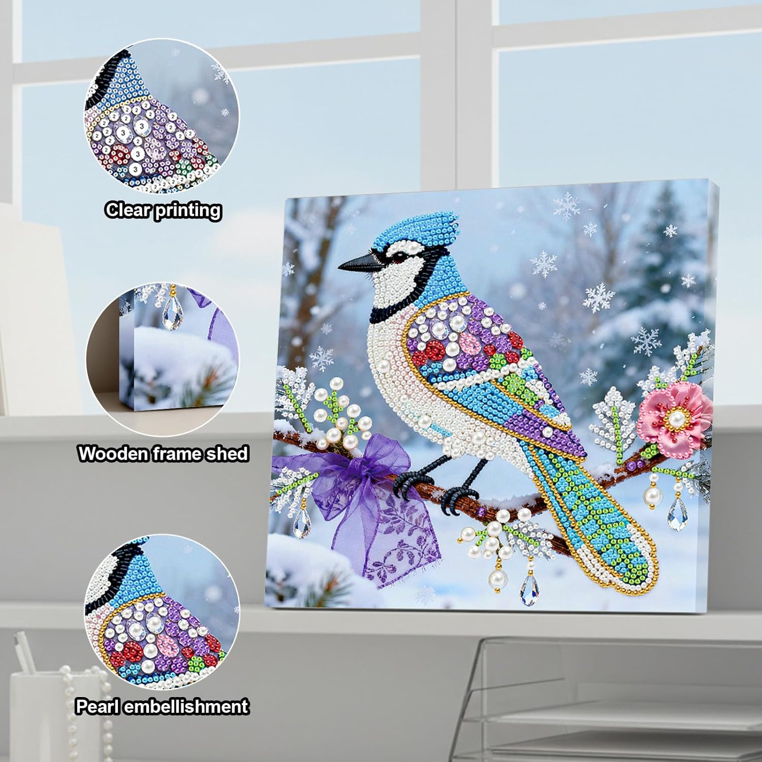 DIY Pearl Painting Kit with Wooden Frame, 3D Plastic Pearl Gemstone Ocean Art Craft for Adults Beginners, Diamond Dot Painting, Home Wall Decor Ready Gift for Women(Purple Bird)(25 * 25cm)