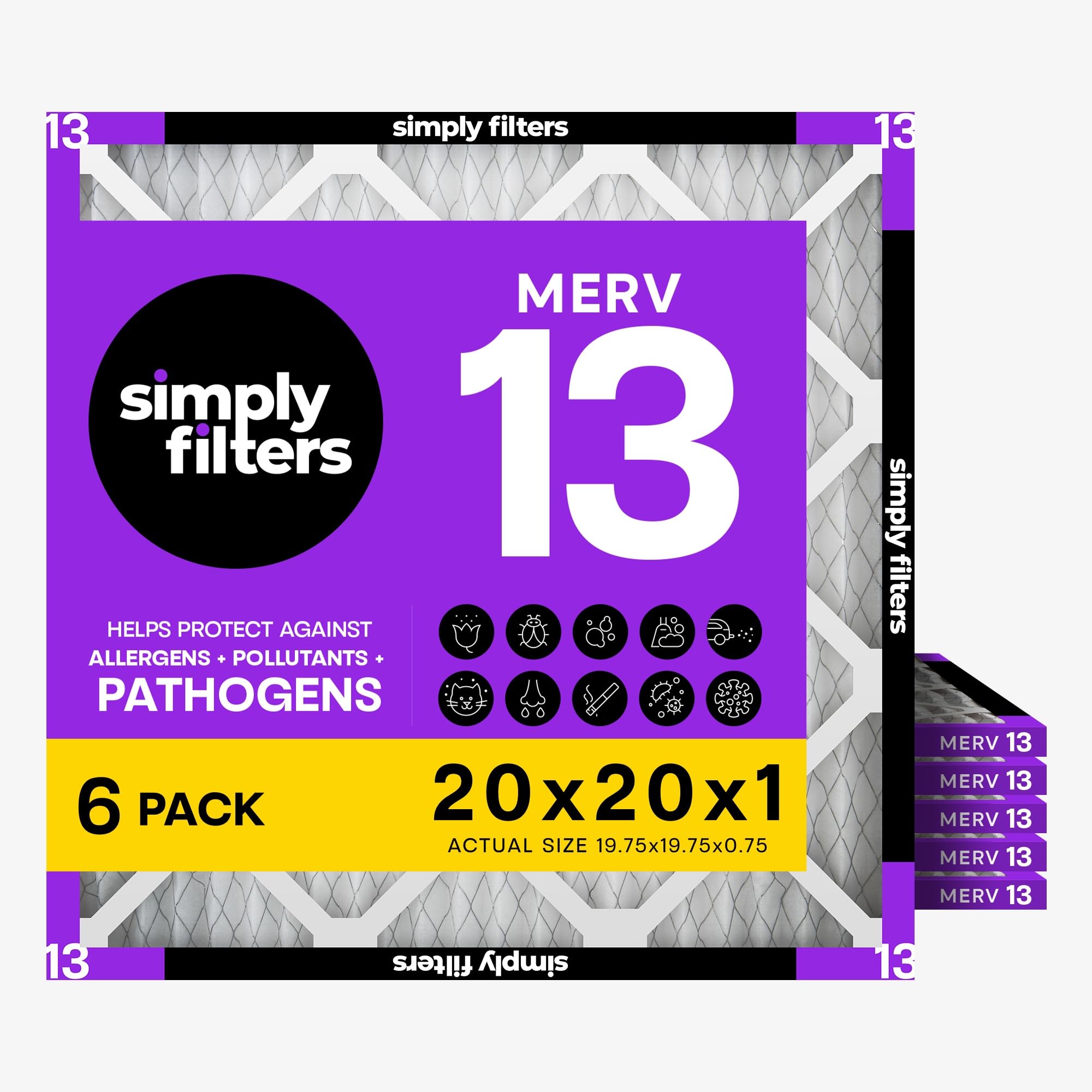 Simply 20x20x1 Air Filter, Merv 13, 6 Pack, For Home AC Furnace & HVAC (Actual Size: 19.75"x19.75"x0.75") DUST, Pet, & Allergy Control