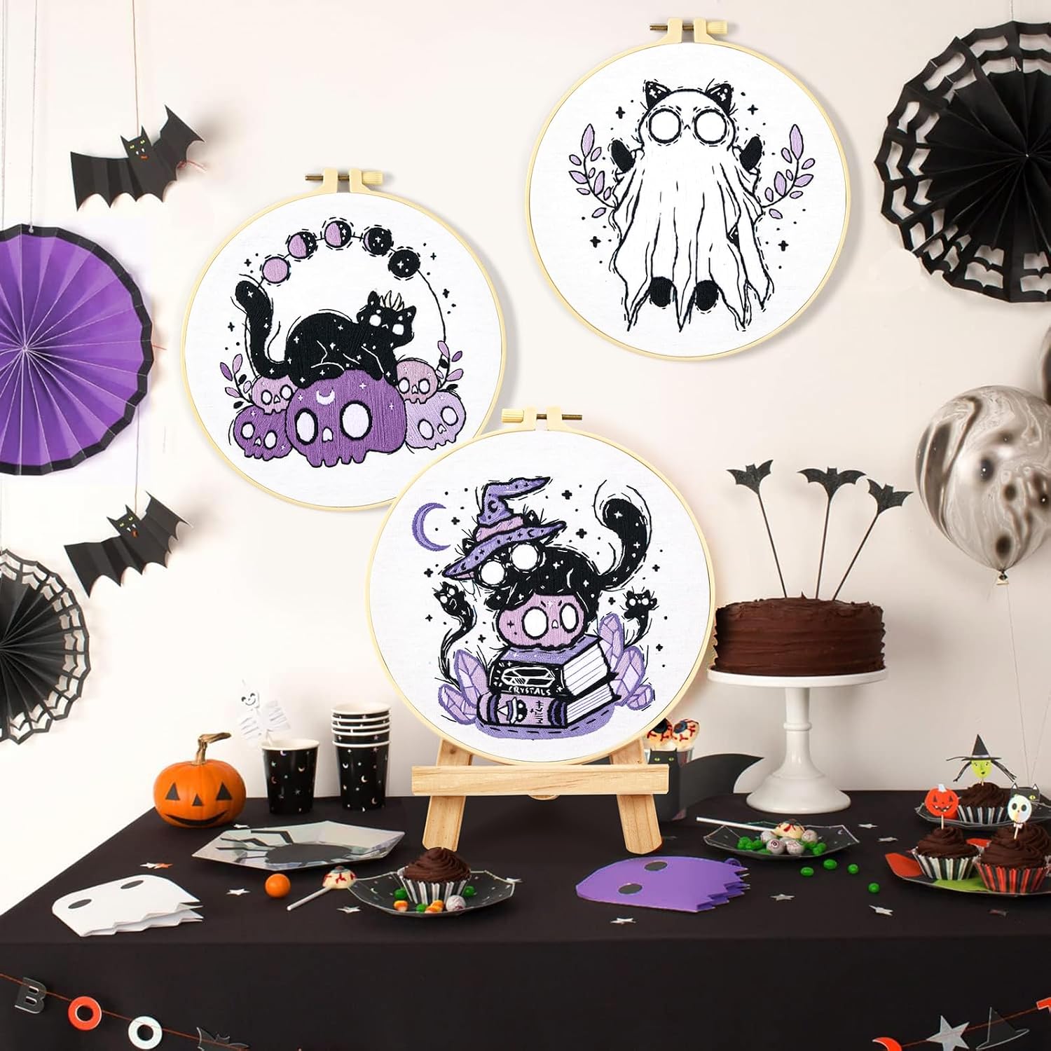 Crafmanoe Halloween Embroidery Kit for Beginners Adults, Skull Cat Stamped Cross Stitch Kit for Adult Beginner, Gothic Ghost Hand Embroidery Needlepoint Kits, 3 Set Embroidery Hoops and Video Tutorial