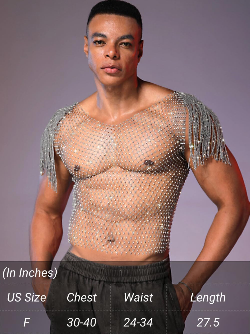 Men Sexy Fringe Cap Sleeve Sparkly Rhinestone Mesh Top, See Through Fishnet Shirt Tank Tops, Concert Club Rave Outfit - Image 6