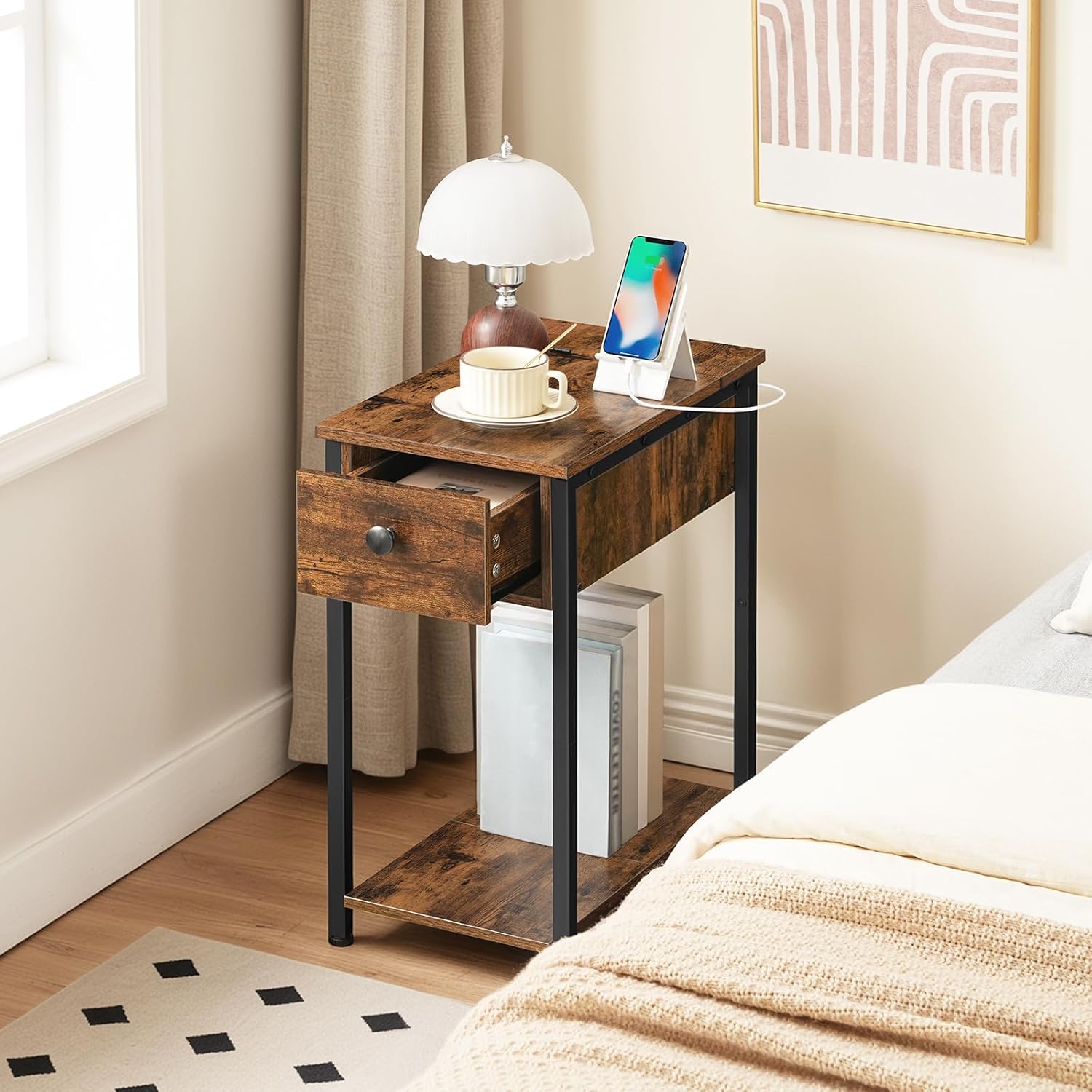 HOOBRO End Table with Charging Station, Narrow Side Table, Small Nightstand, Bedside Tables with Drawer and Storage Shelves, for Small Spaces, Living Room, Bedroom, Rustic Brown and Black BF041BZ01G1