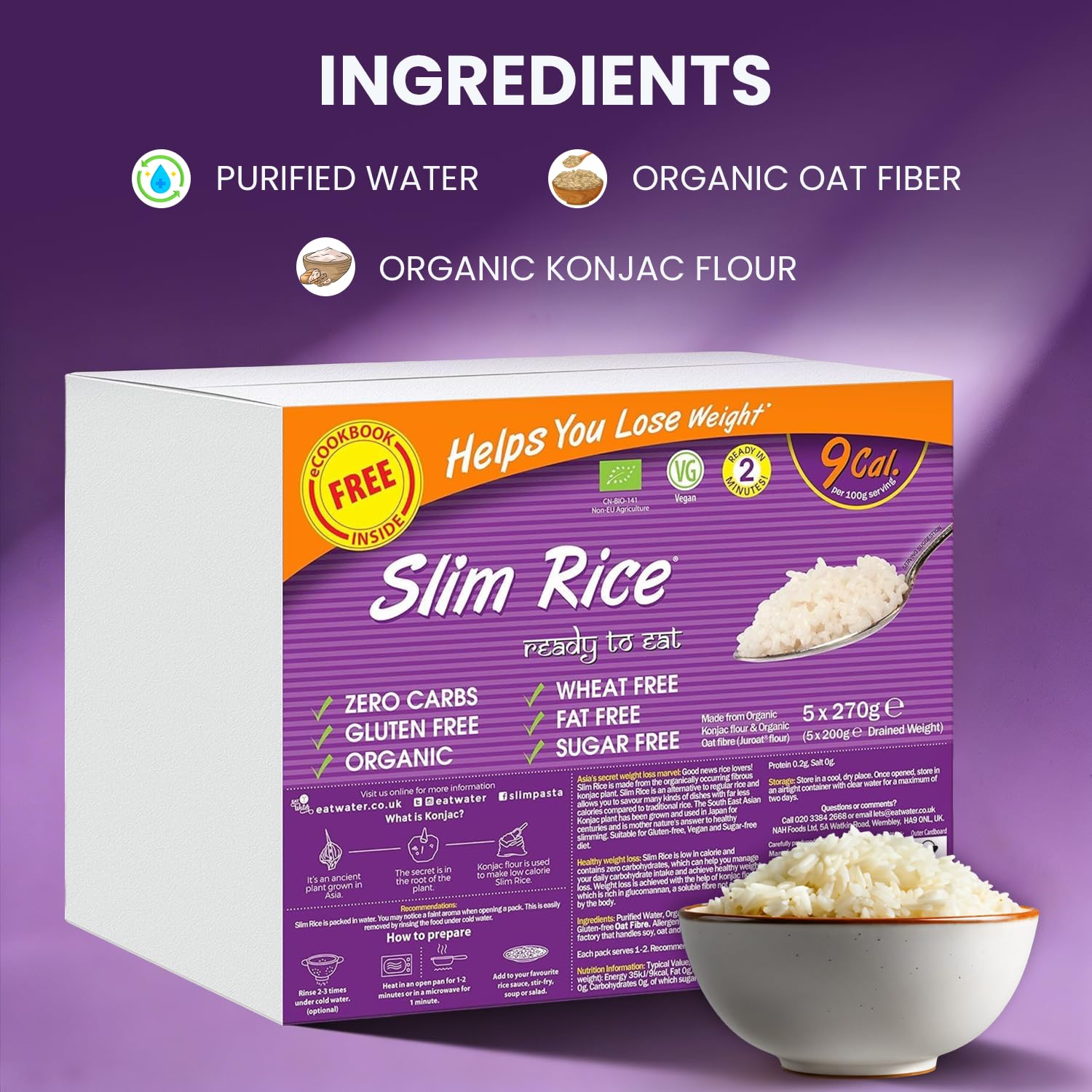 Eat Water Slim Rice 270g Enviro Confezione da 5 - Prodotto con farina Konjac biologica, dieta Keto Paleo e alimenti vegani, dieta a basso contenuto di carboidrati e ipocalorica | Cibo senza zuccheri