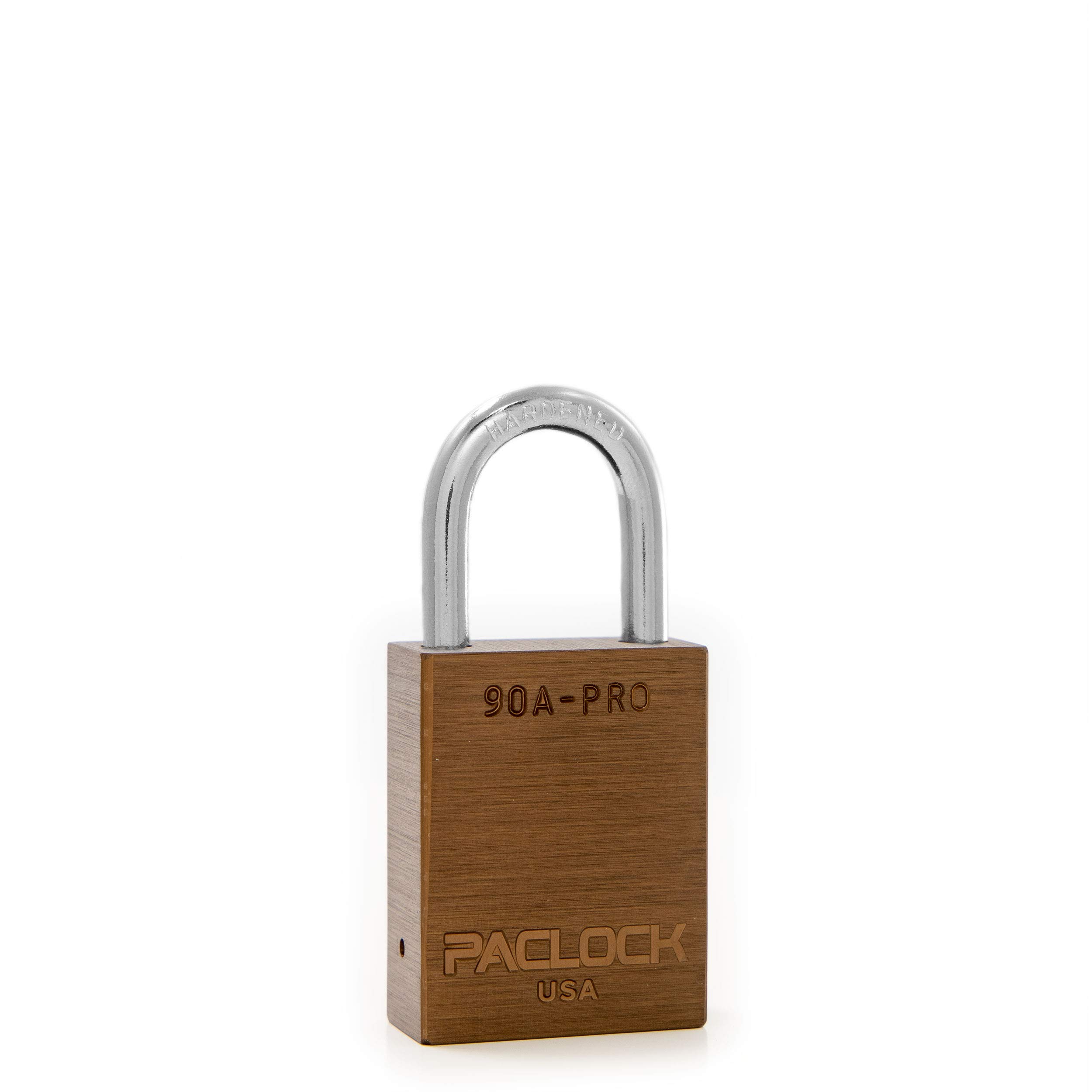 PACLOCK's 90A-PRO Padlock, 1/4" Diameter Hard. Steel Shackle, 1-3/16" Tall, High Performance 7-Pin Cylinder w/ 1 Key, Keyed Differently, Brown