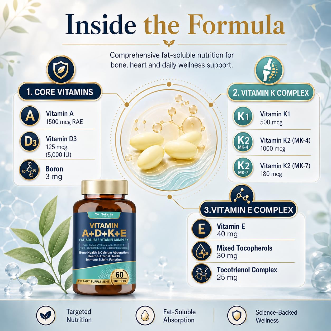 Totaria Vitamins A-D-K-E Softgels Supplement, 5000 IU VIT D3 with Vitamins A, E (Tocopherols & Tocotrienols), K (K1 + K2) - Full Spectrum Vitamin E for Heart, Bone Health and Immune Support — Amazon image 2