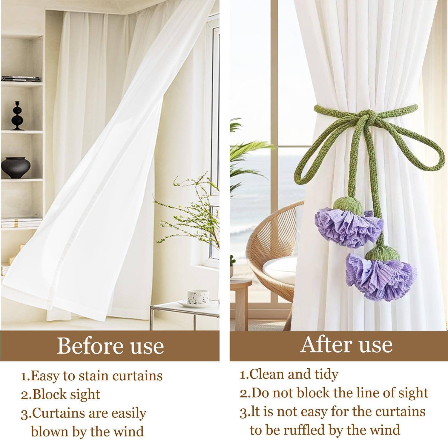 Handmade Curtains Tiebacks, Boho Flower Curtain Tie Backs Curtain Holder Tie Backs for Curtains Braided,Cute Flower Curtain Ties Decorative Rope for Bedroom Window Treatment (Purple)