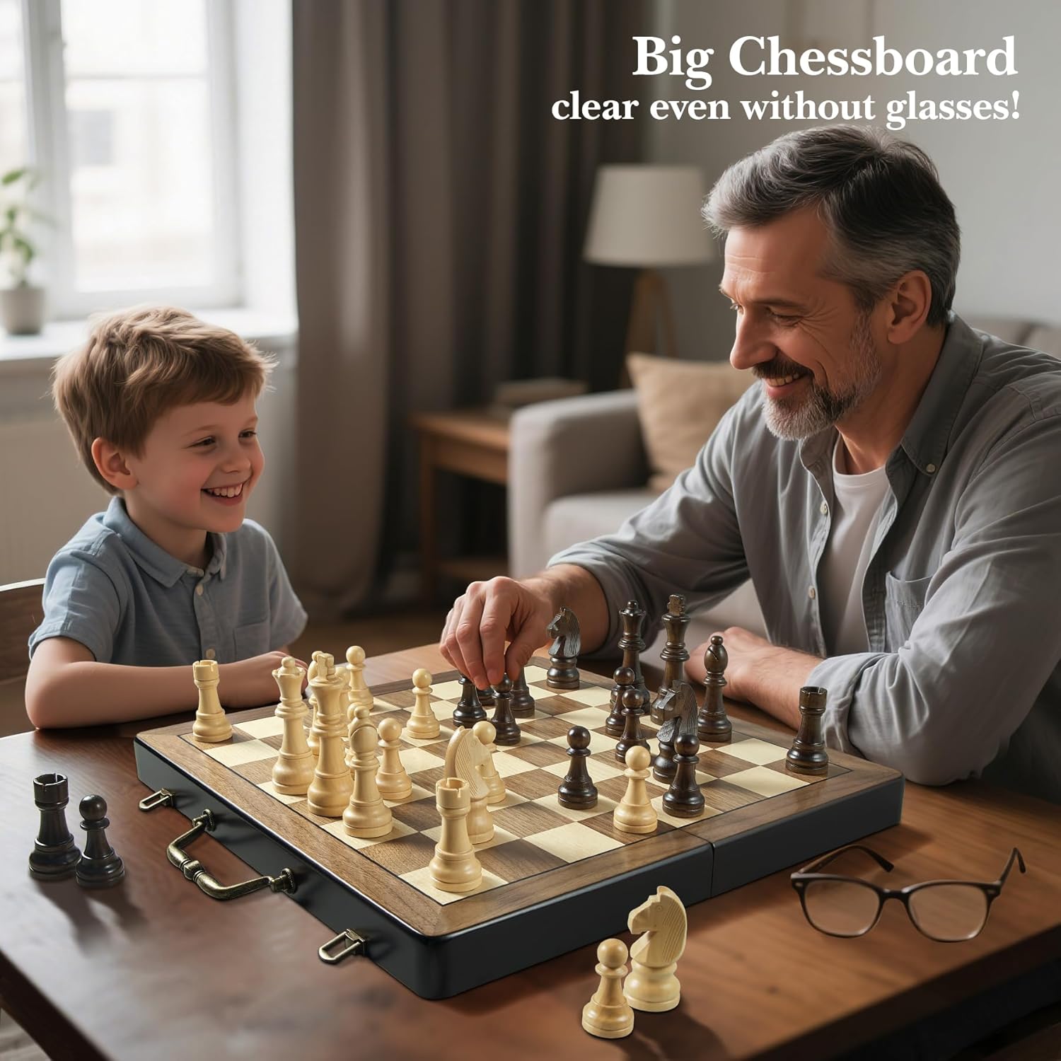 18.5" Wooden Chess Set with Handle,Chess Sets for Adults Kids Portable Folding Board Games with 4.5" King 2 Extra Queens,Handmade Weighted Large Pieces with Storage Slots - Image 3