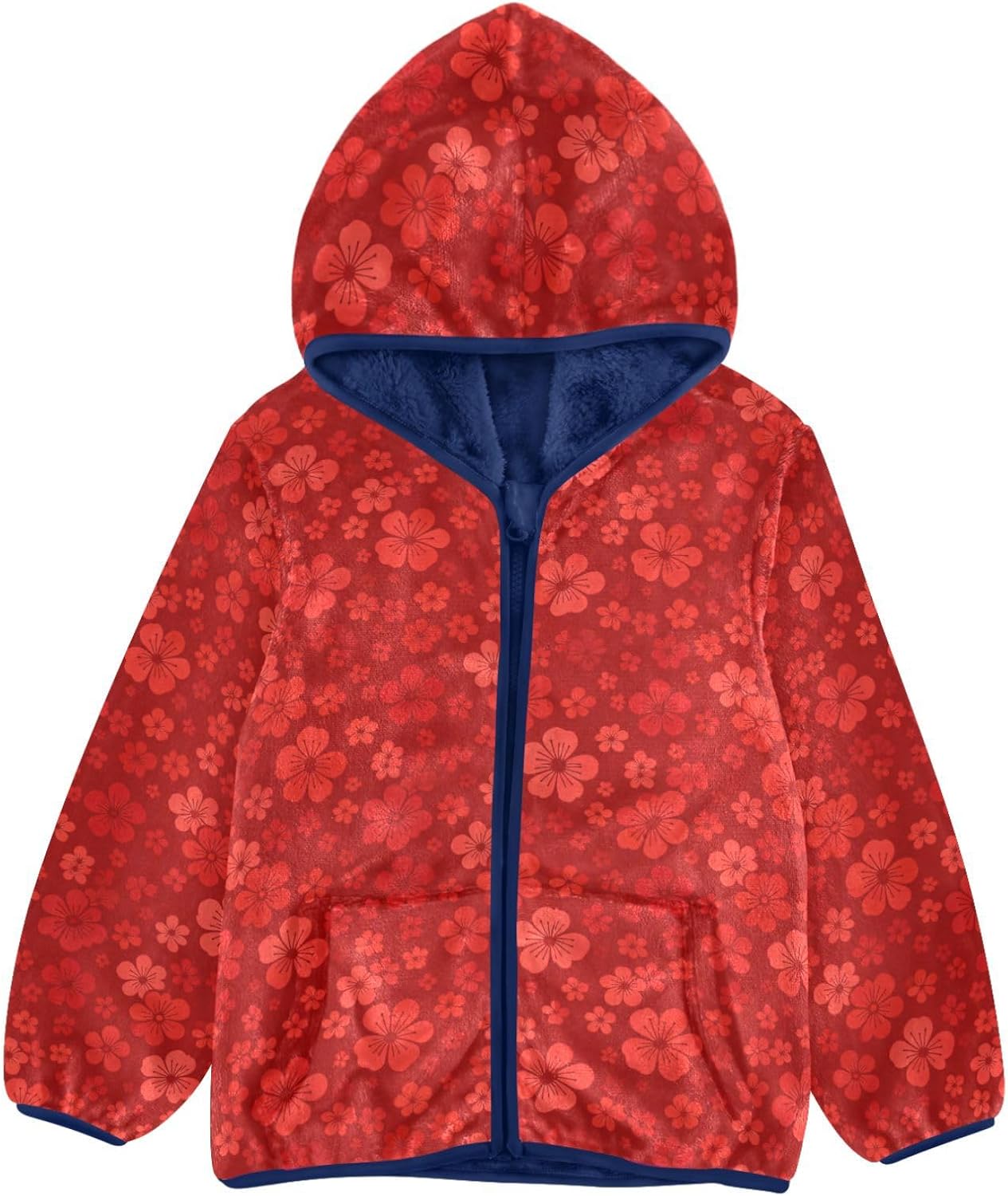 Red Floral Pattern Hooded Fleece Jacket Toddler Children Plush Outerwear Navy Blue Baby Boys Clothes