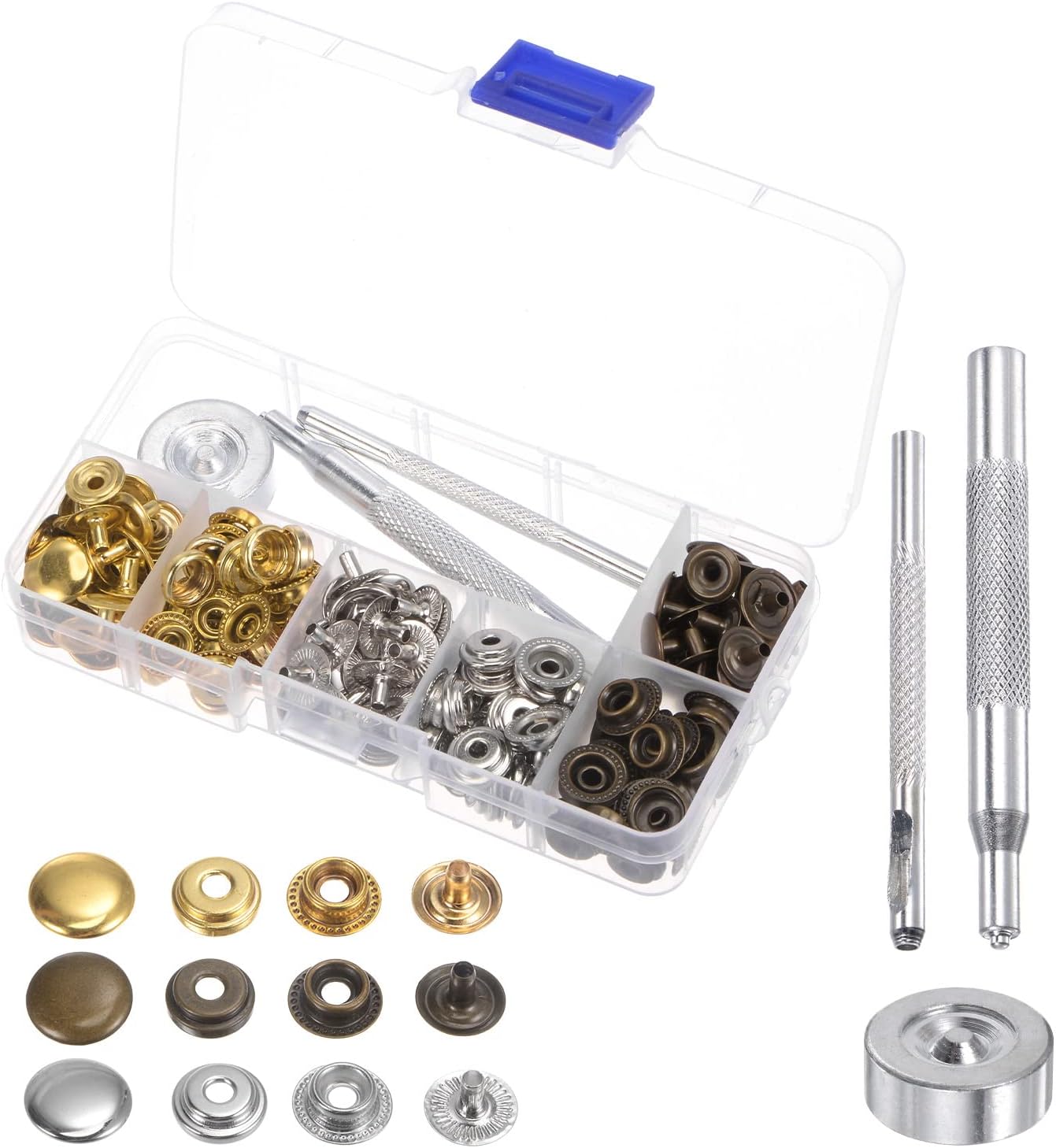 HARFINGTON 2 Boxes 45 Sets/Box Leather Snap Fasteners Kit 12mm Metal Press Studs Buttons Tool with 3 Setter Tools & Storage Box for Clothing Leather Sewing