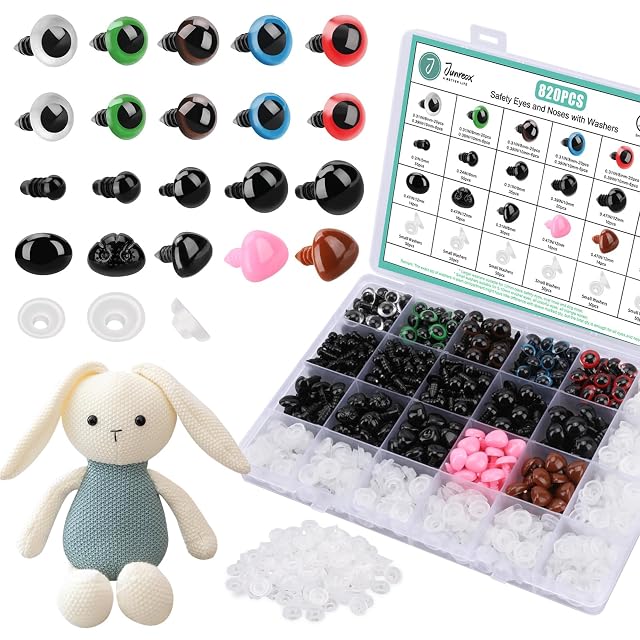 Junreox 820pcs Safety Eyes for Amigurumi- Premium Safety Eyes and Noses for Crochet Animals Assorted Size Crochet Eyes
