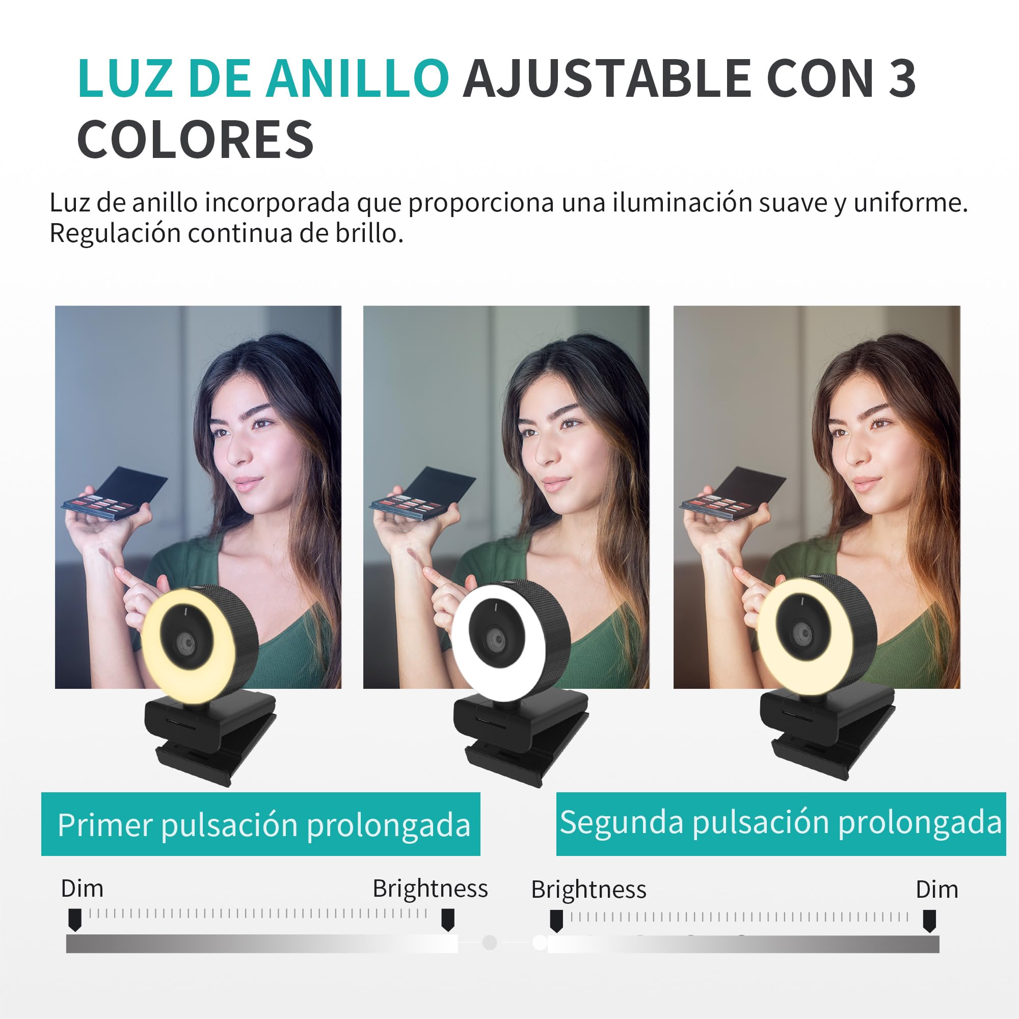 Webcam 1080P 60FPS con Micrófono, Aro de Luz, Enfoque Automático, 3 Modos de iluminación con Regulación Continua de Brillo para Videoconferencias en PC, Mac, Portátil y Tablet