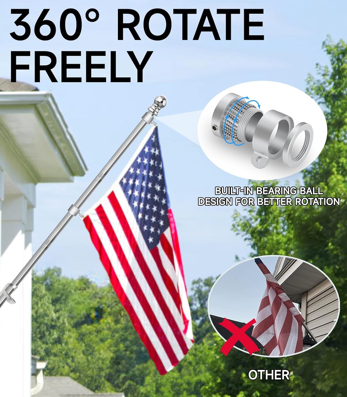 304 Stainless Steel Flag Poles,6 FT Flag Pole for Outside House, 1 Inch Outdoor Flag Pole with Swivels Rings, House Flag Pole for 3x5 Flag, Heavy Duty Flag Pole for Porch(Without Bracket)