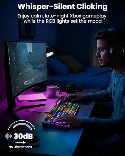Miniatura 3 de SABLUTE Teclado para juegos con tira de luz RGB de sincronización de audio, teclados para juegos de PC de 26 teclas anti-fantasma, doble control de