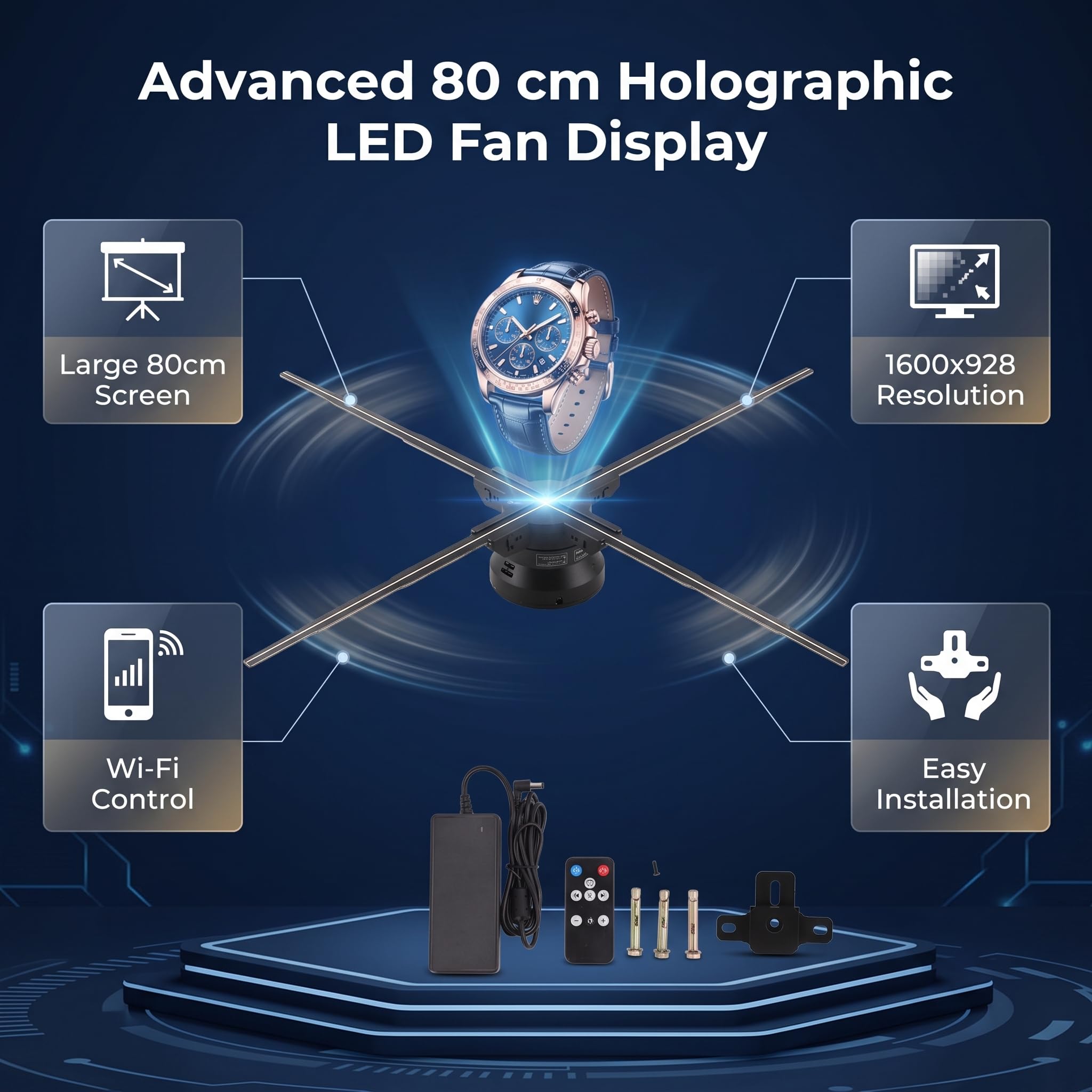 Ventola LED per proiettore ologramma 3D, schermo 80 cm, risoluzione 1600x928, 928 LED, controllo app smartphone, effetti luce parete e soffitto, modalità musicale, memoria interna 16 GB