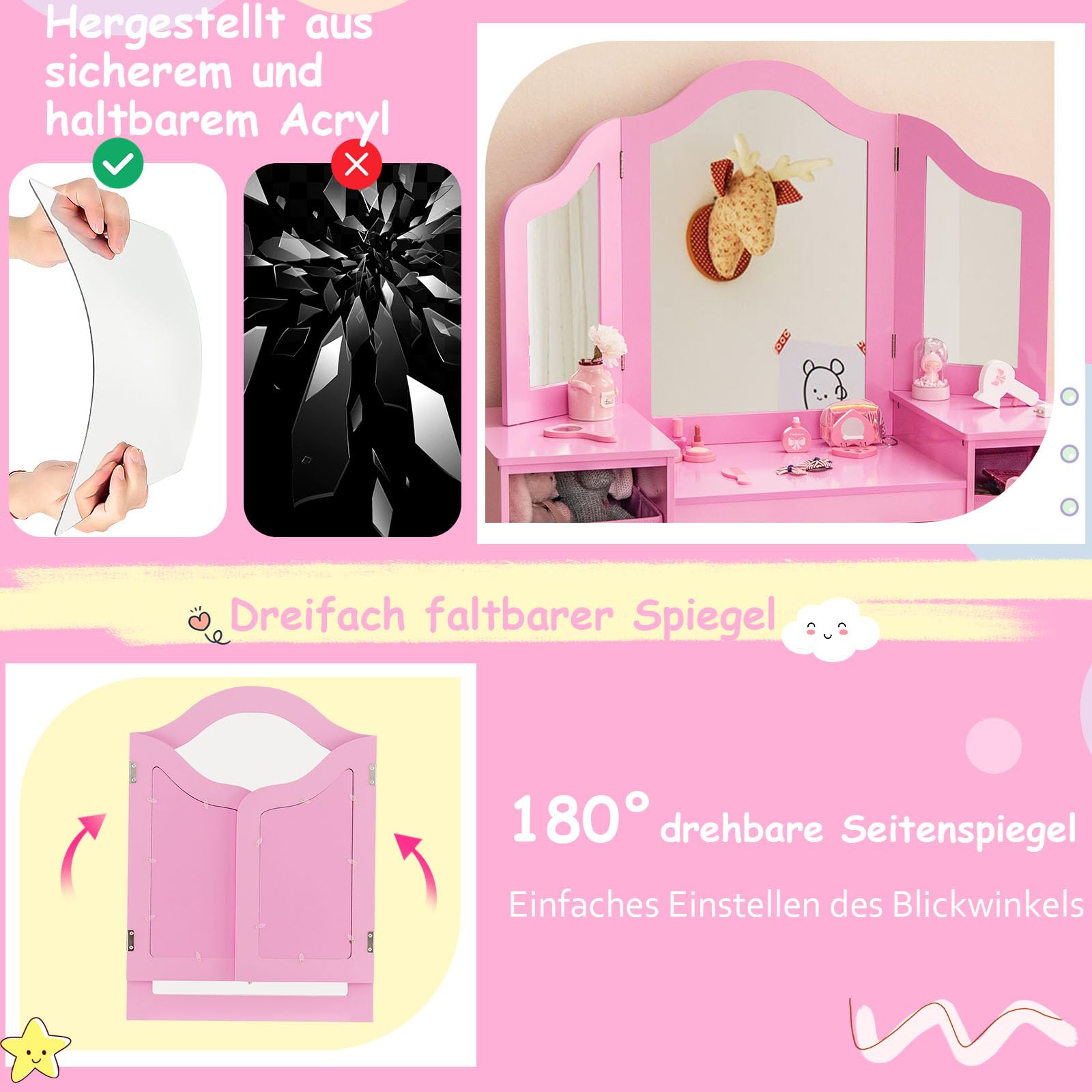 GOPLUS Kinder Schminktisch mit Stuhl, Prinzessin Frisiertisch mit mit abnehmbarem Spiegel, Kosmetiktisch Holz (Rosa mit Stuhl & Box)