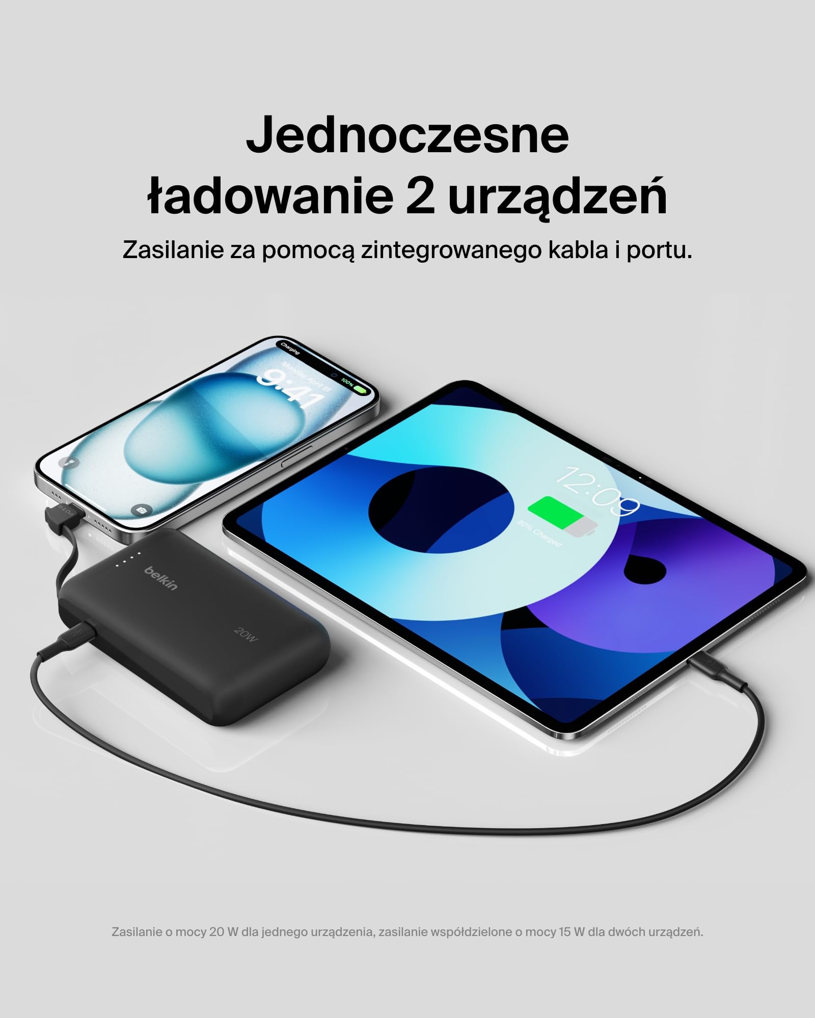 Belkin BoostCharge powerbank, przenośny powerbank 10 000 mAh PD 20 W ze zintegrowanym kablem – szybkie ładowanie USB-C Power Delivery dla urządzeń iPhone serii 16, iPad Pro, Galaxy S24 i innych