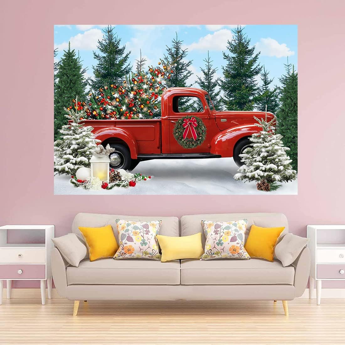 Avezano Christmas Red Truck Backdrop Winter Snowy Christmas Tree Background Newborn Children Birthday Party Decors Festival Family Happy New Year Baby Shower Studio Photoshoot Banners Favors