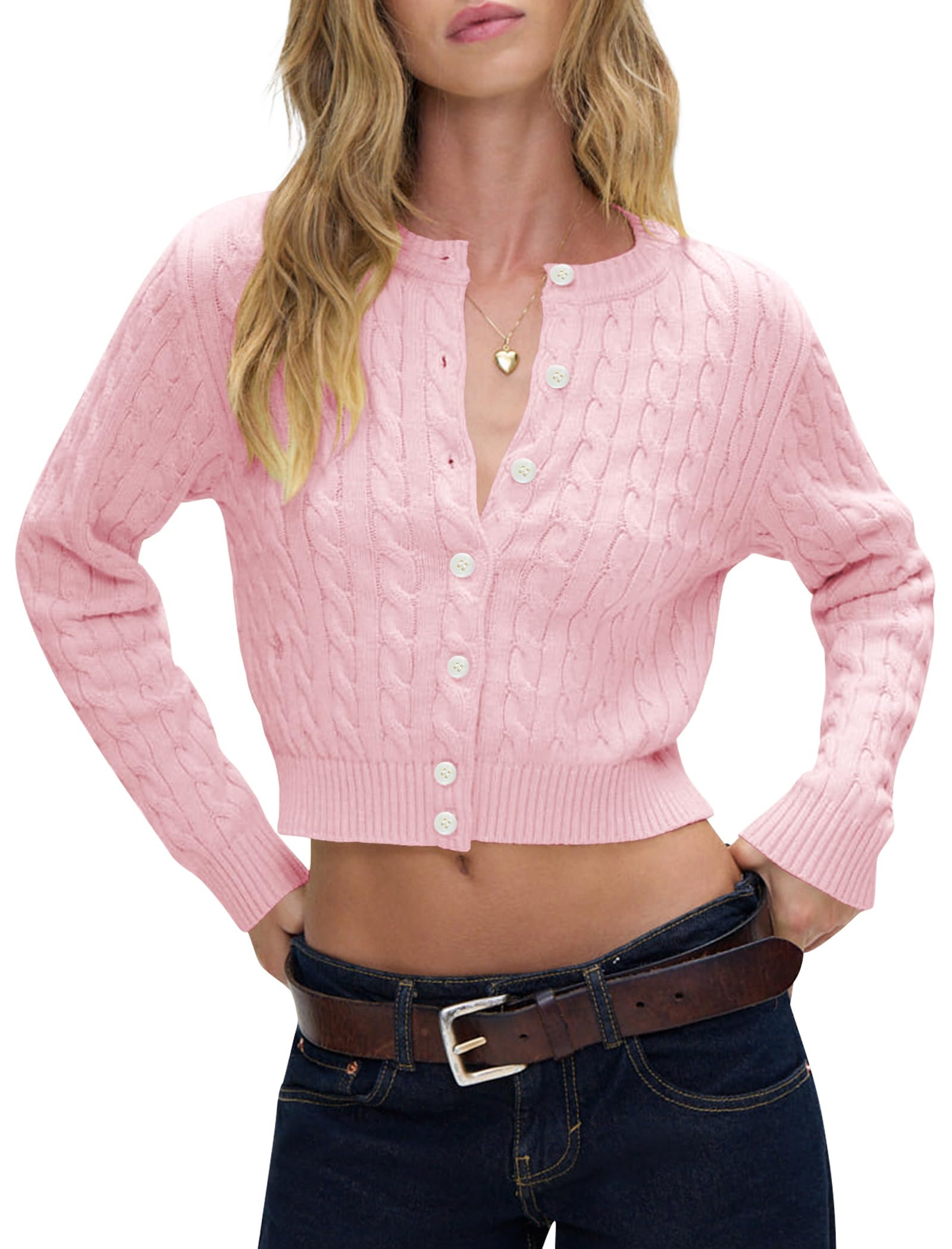 Balimtoy Women Cable Knit Cardigan Cropped Long Sleeve Crew Neck Button Down Sweater Cardigans Cute Y2k Fall Jackets