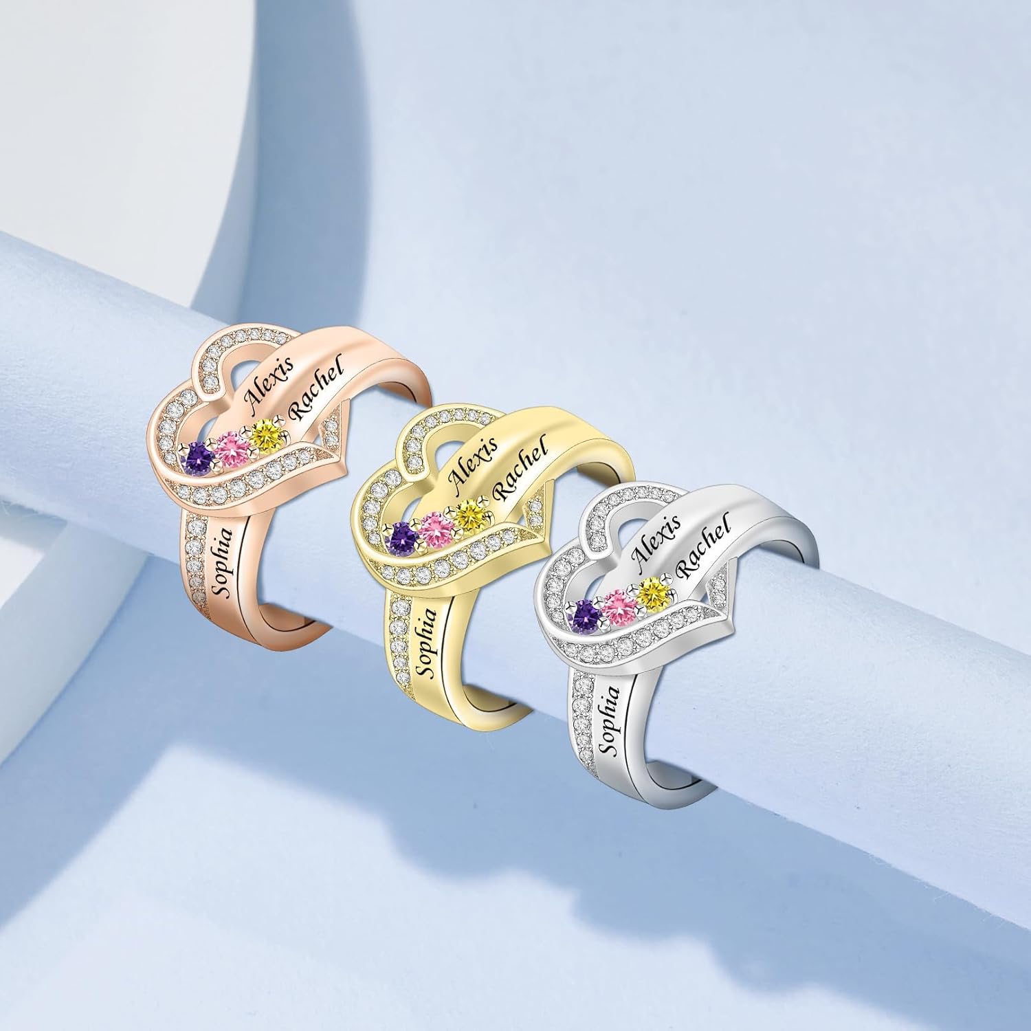 Personalized 925 Sterling Silver Mothers Ring with 1-8 Birthstone Custom Engraved Name Ring Family Birthstone Ring for Women Mom Grandma Daughter (3 stones)