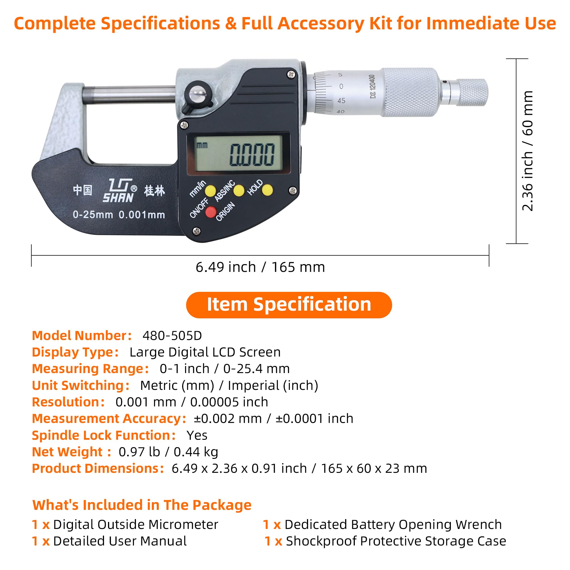 Micrometro digitale professionale 0-1, risoluzione 0,00005" / 0,001 mm, digitale con punta in carburo, intervallo 0-1" con arresto a cricchetto, strumenti di precisione per officine meccaniche e set