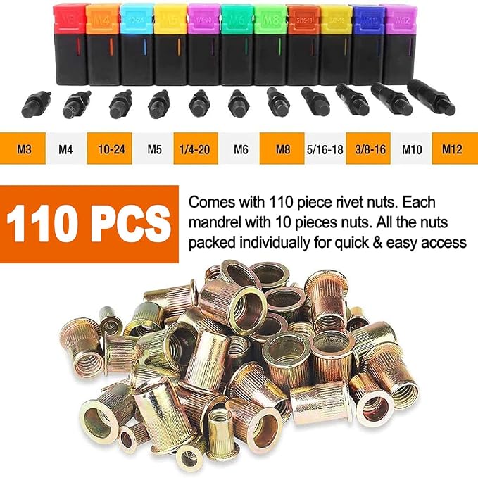 13" Rivet Nut Tool,Rivet Nut Gun,Kit de Herramientas con 11 Mandriles Métricos y 110 Tuercas miniatura 3