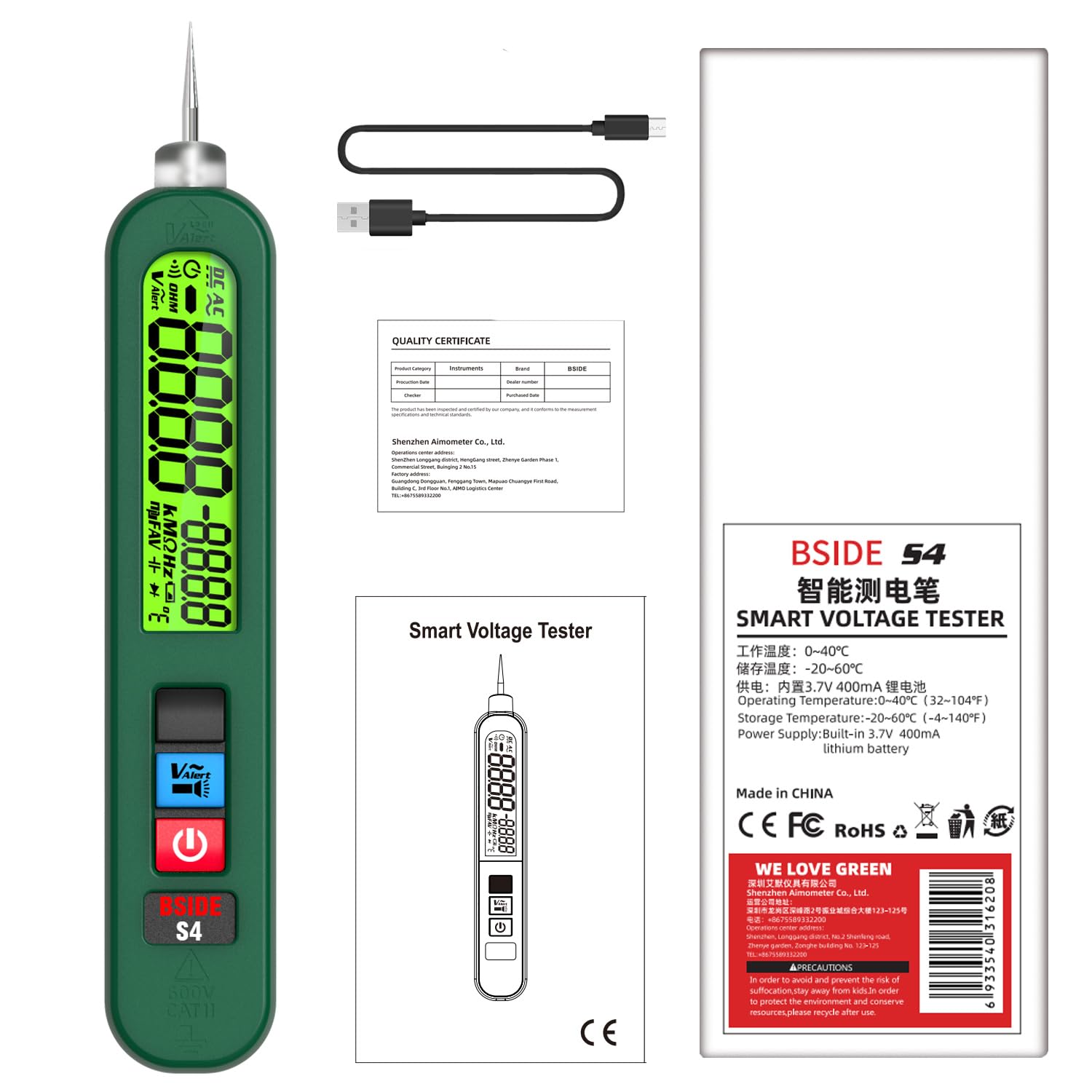 BSIDE S4 Bolígrafo Detector de Voltaje Sin Contacto Voltímetro Lápiz Recargable AC 12V-300V con LCD Grande y Zumbador Medidor de Fugas Electricas Unipolar con Linterna para Casa