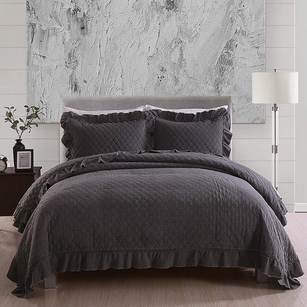 JMLQuilts Queen Size, Stone Washed Microfiber 3 Pieces Bedspreads Coverlet with Ruffle - Super Soft, 320GSM Oversized Vintage Quilt Set, Grey