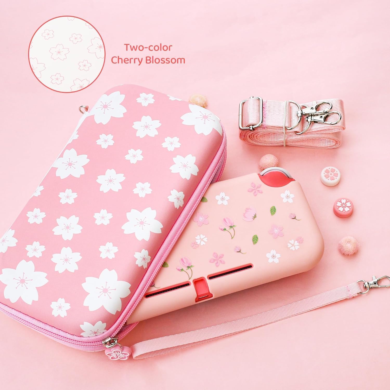 RHOTALL Pink-White Cherry Blossom Carrying Case for Nintendo Switch Lite, Portable Storage for Accessories With Protective Case, Screen Protector, Adjustable Shoulder Strap and 2 Thumb Caps - Image 6
